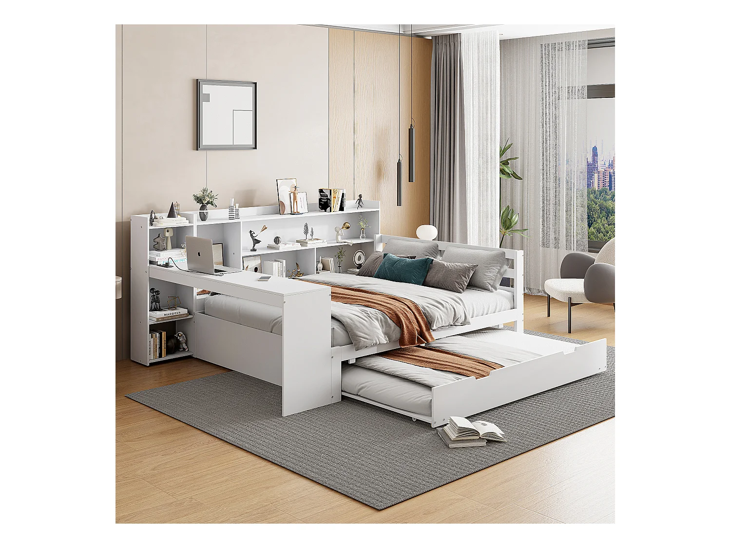 Canapé-lit en bois massif avec bureau et étagères, avec prise USB et lit escamotable, blanc (245.5x165x100 cm)