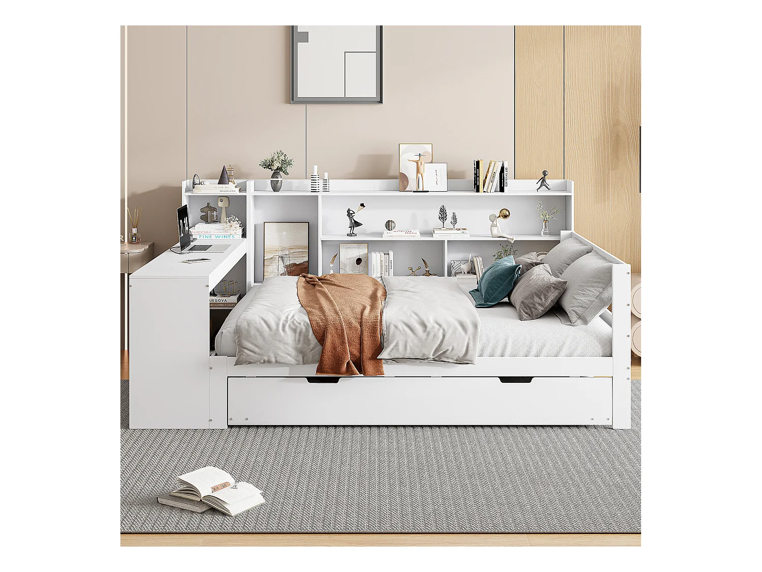 Canapé-lit en bois massif avec bureau et étagères, avec prise USB et lit escamotable, blanc (245.5x165x100 cm)