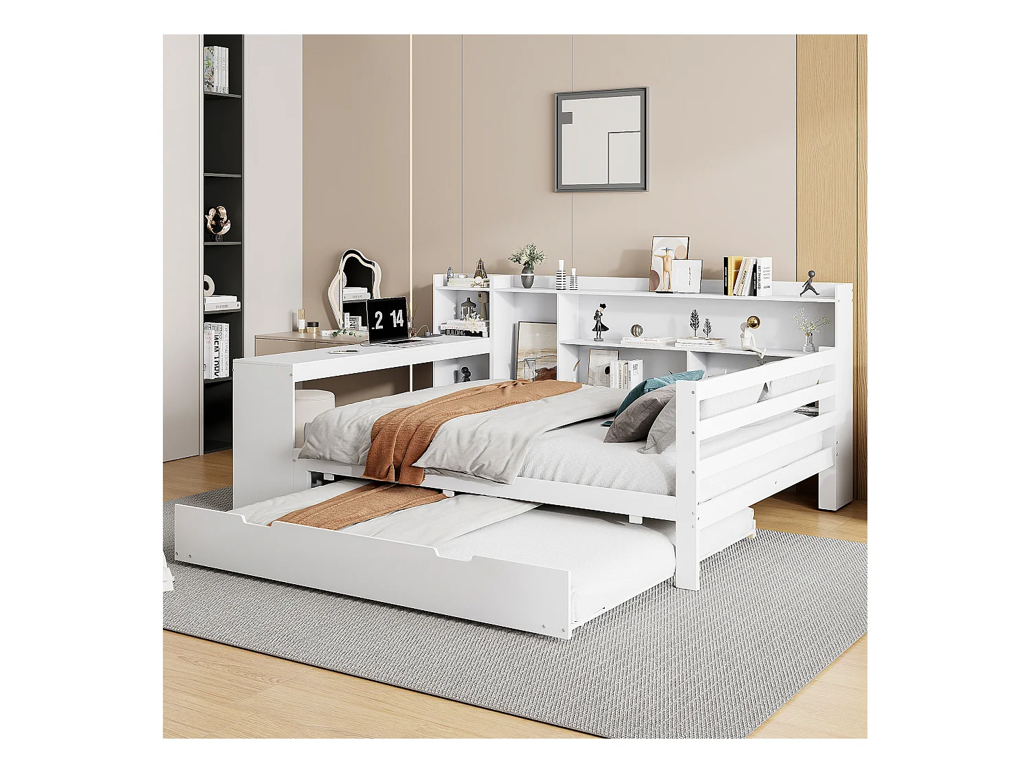 Canapé-lit en bois massif avec bureau et étagères, avec prise USB et lit escamotable, blanc (245.5x165x100 cm)