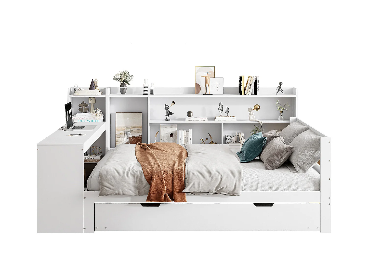 Canapé-lit en bois massif avec bureau et étagères, avec prise USB et lit escamotable, blanc (245.5x165x100 cm)