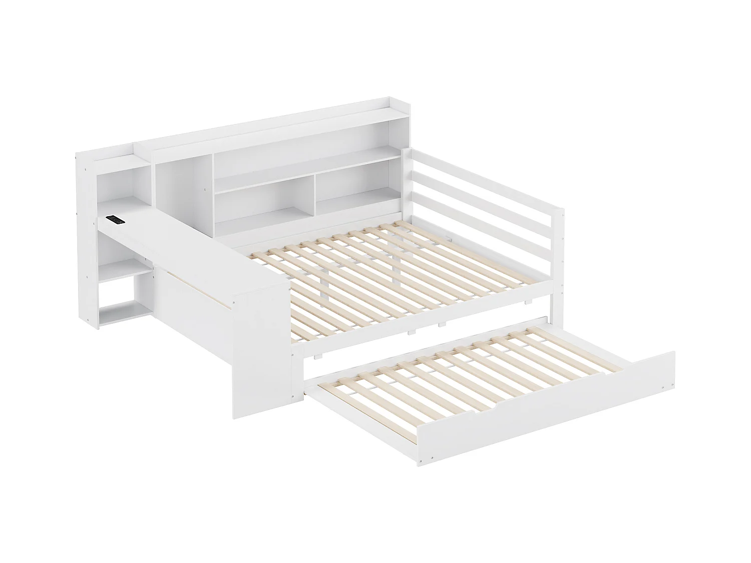 Canapé-lit en bois massif avec bureau et étagères, avec prise USB et lit escamotable, blanc (245.5x165x100 cm)