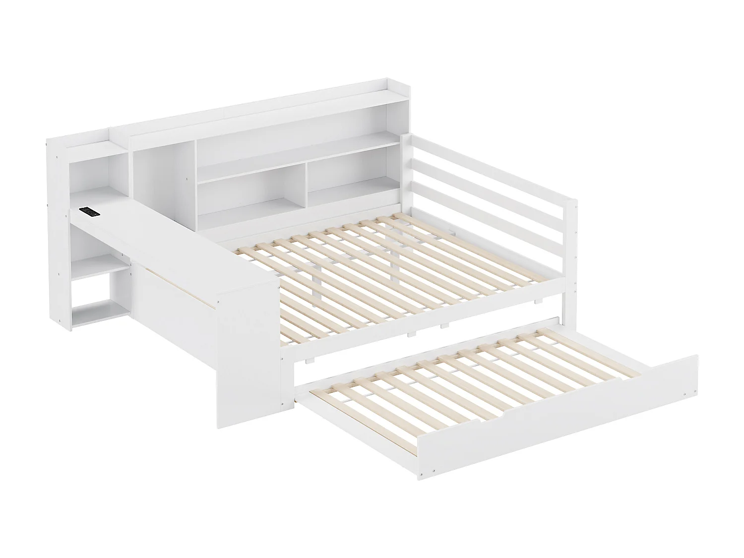 Canapé-lit en bois massif avec bureau et étagères, avec prise USB et lit escamotable, blanc (245.5x165x100 cm)