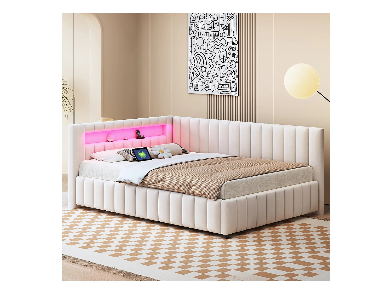 Sofá cama 140 x 200 cm, Tejido de terciopelo, LED y USB, Respaldo y cabecero, Estructura estable, Beige (209 x 147,5 x 82 cm)