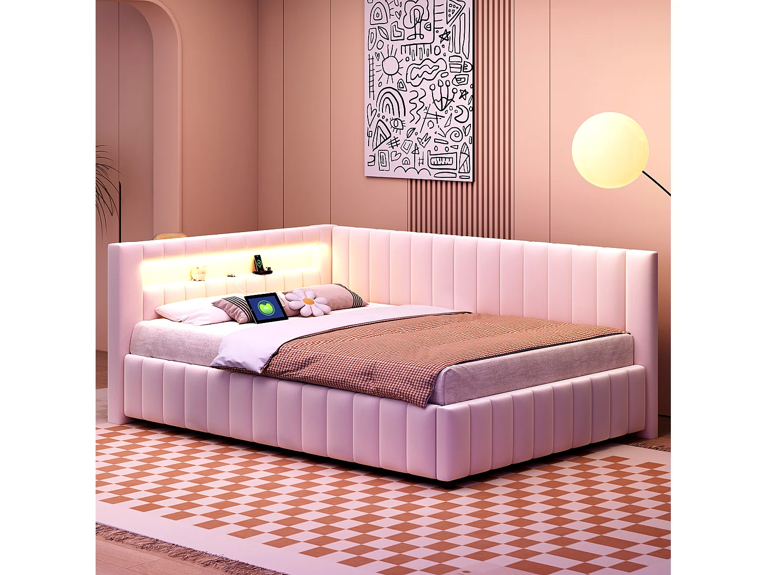 Canapé-lit 140 x 200 cm, Tissu en Velours, LED et USB, Dos et Tête de Lit, Cadre Stable, Beige (209 x 147.5 x 82 cm)