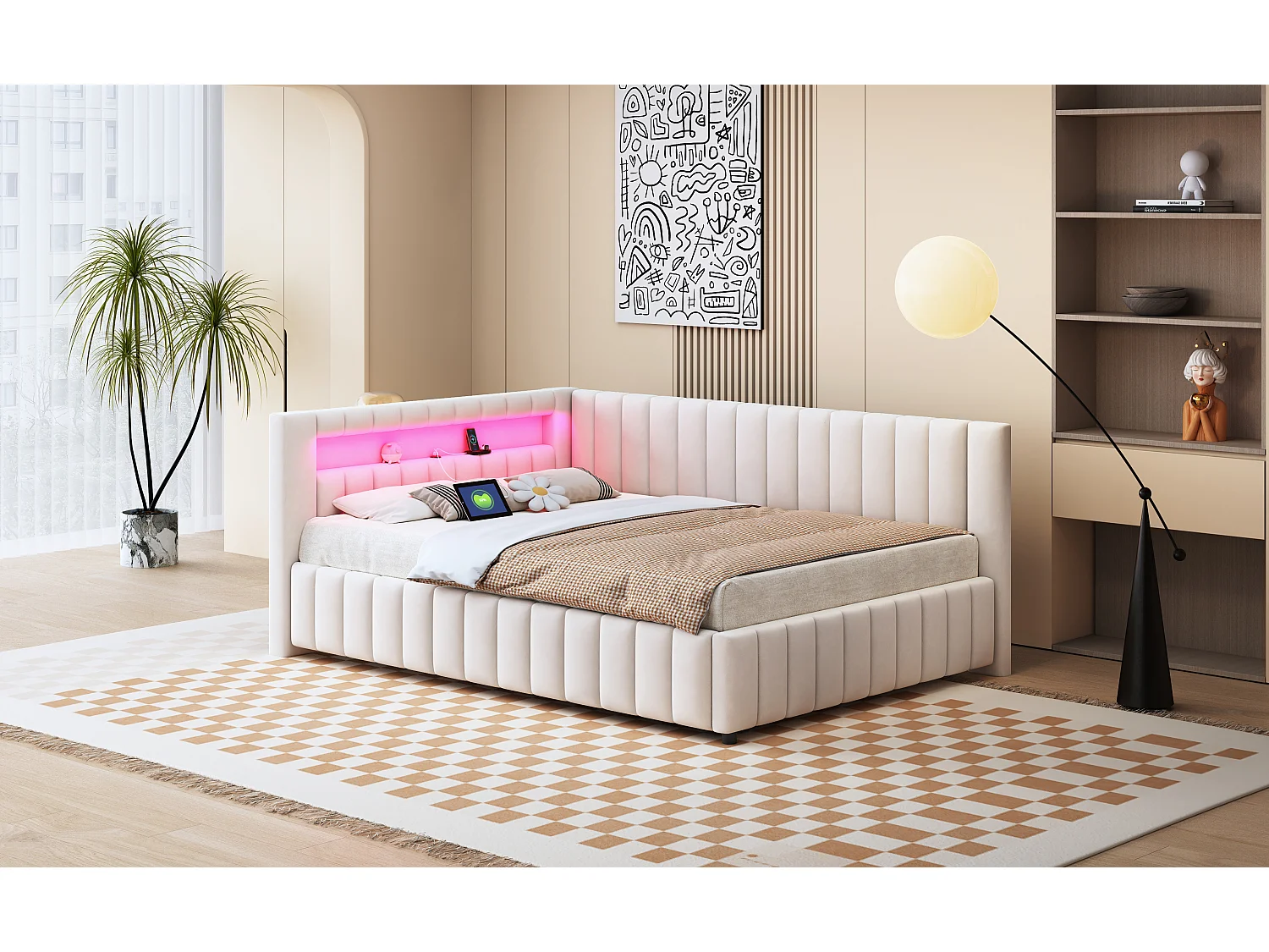 Canapé-lit 140 x 200 cm, Tissu en Velours, LED et USB, Dos et Tête de Lit, Cadre Stable, Beige (209 x 147.5 x 82 cm)