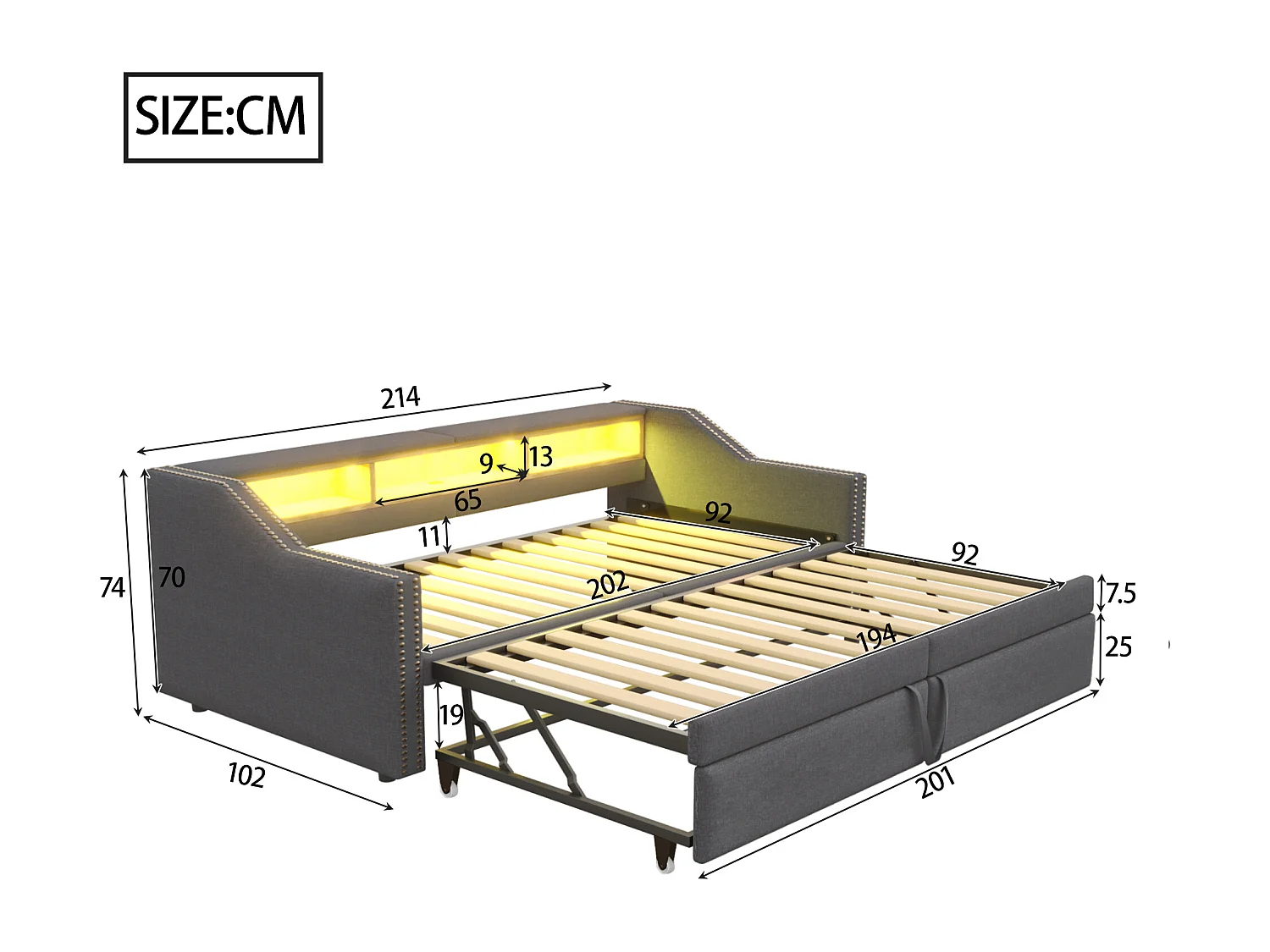 Slaapbank met houten frame, met uitschuiffunctie, multifunctionele opbergruimte, LED- en USB-aansluiting, grijs (214x102x74 cm)