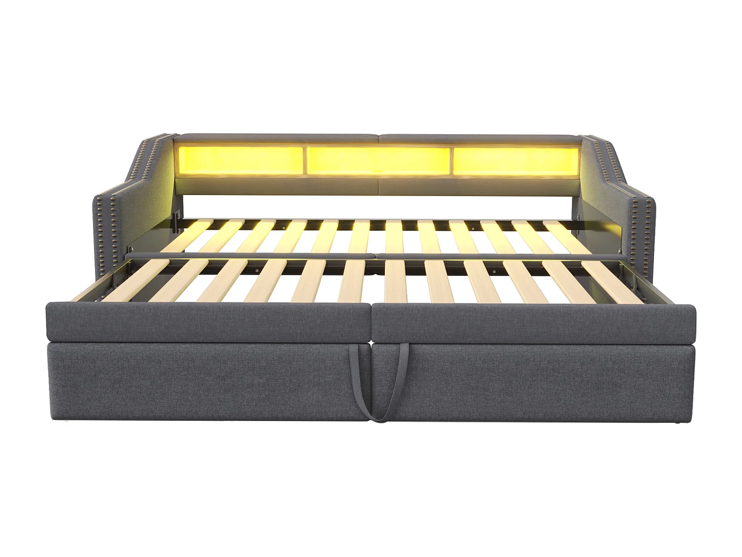 Slaapbank met houten frame, met uitschuiffunctie, multifunctionele opbergruimte, LED- en USB-aansluiting, grijs (214x102x74 cm)