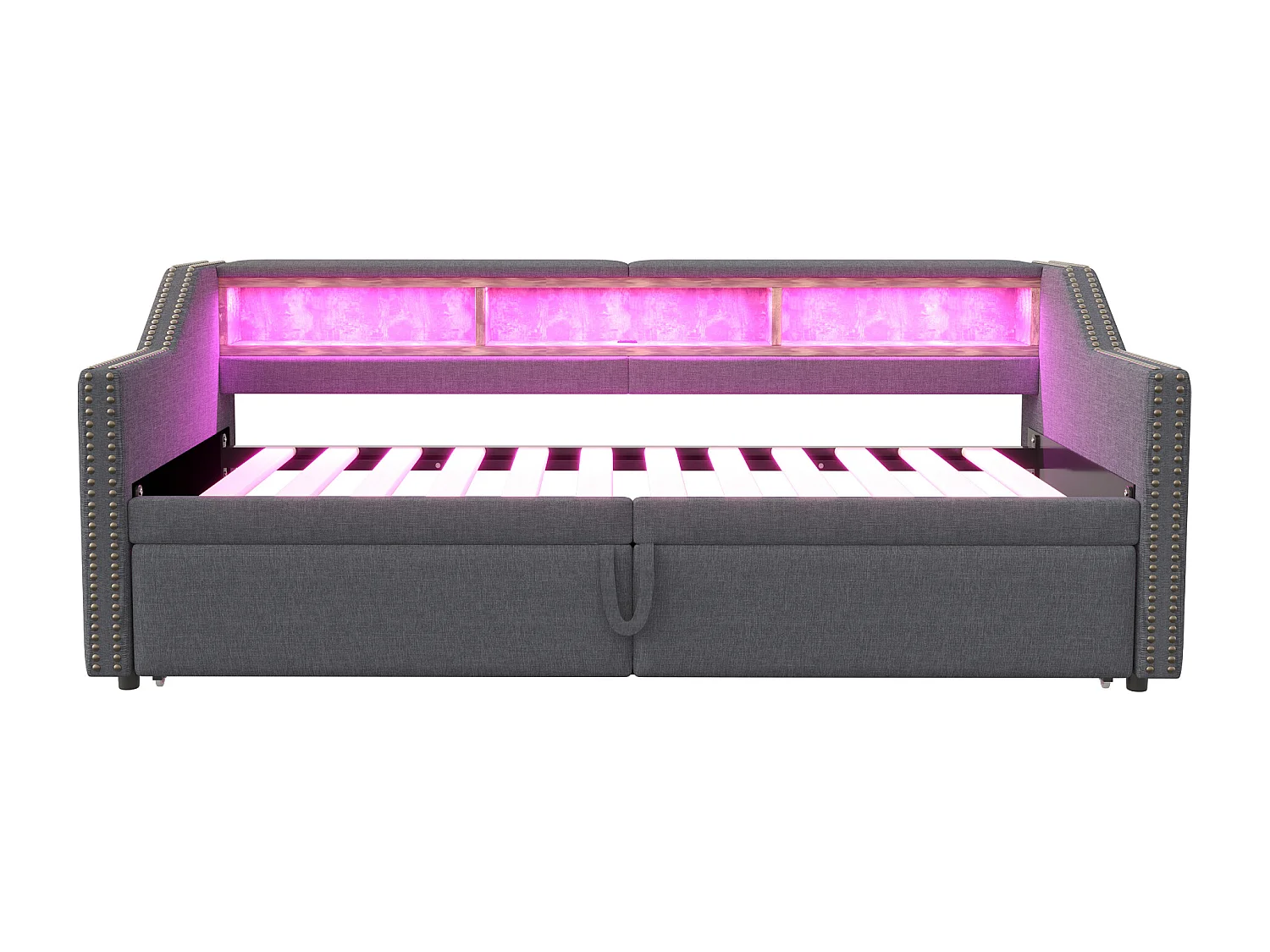 Slaapbank met houten frame, met uitschuiffunctie, multifunctionele opbergruimte, LED- en USB-aansluiting, grijs (214x102x74 cm)
