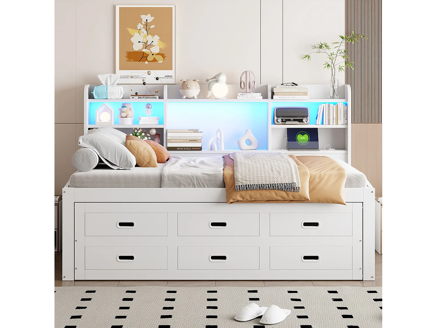 Daybett, Schlafsofa, mit LED-Fernbedienung, 3 Schubladen, Nachttischablage, Multifunktionales Ausziehbett, Weiß (210x210x115 cm)