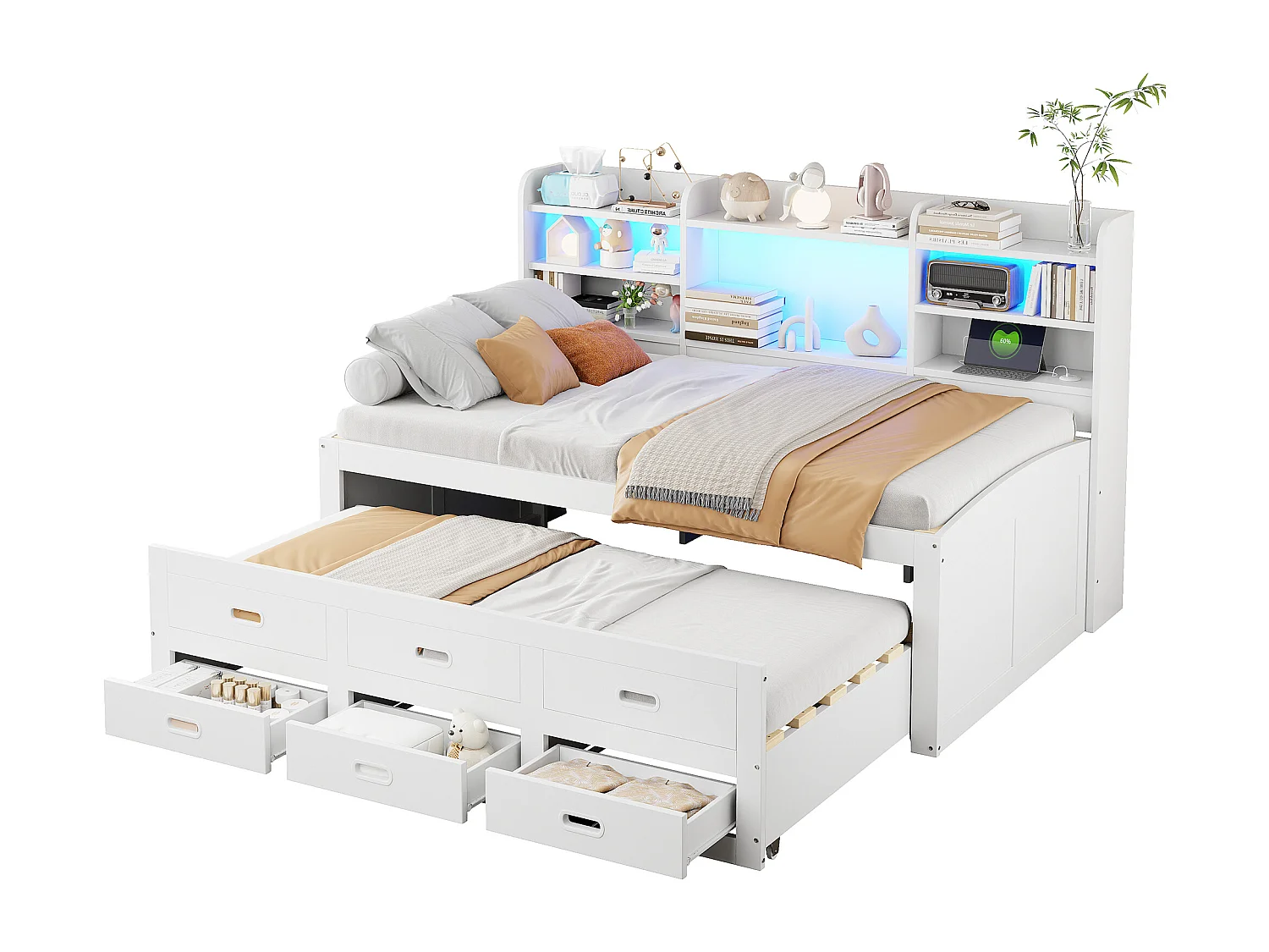 Daybett, Schlafsofa, mit LED-Fernbedienung, 3 Schubladen, Nachttischablage, Multifunktionales Ausziehbett, Weiß (210x210x115 cm)