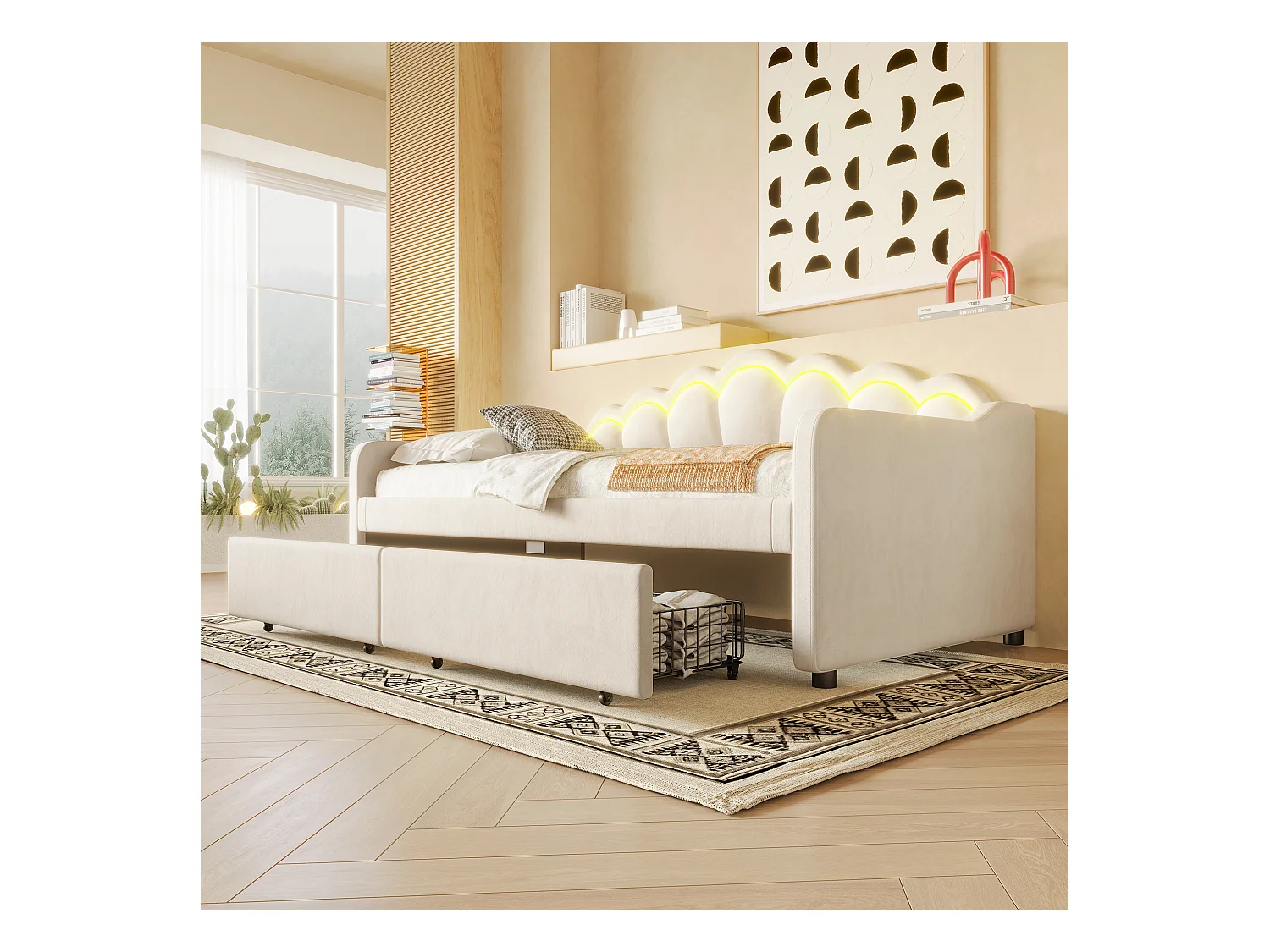 Lit avec tiroirs de rangement, canapé-lit, 90x200cm, en velours, avec bande LED changeant de couleur, beige (214x98x87 cm)