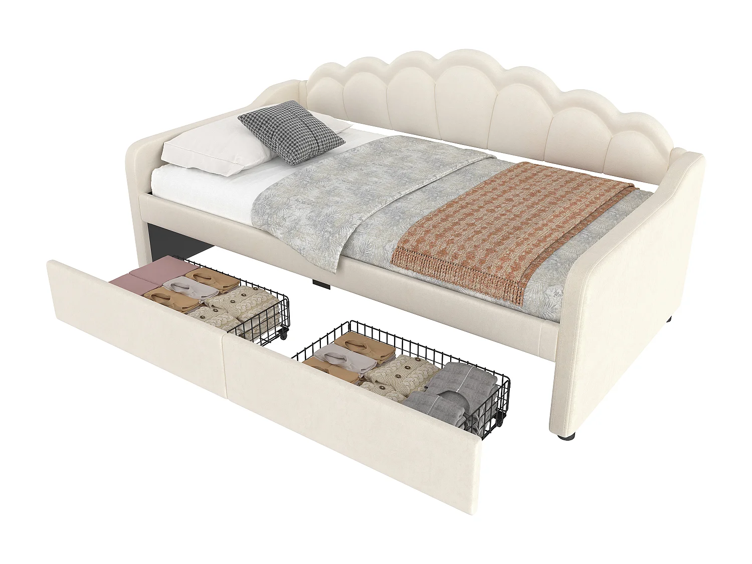 Lit avec tiroirs de rangement, canapé-lit, 90x200cm, en velours, avec bande LED changeant de couleur, beige (214x98x87 cm)