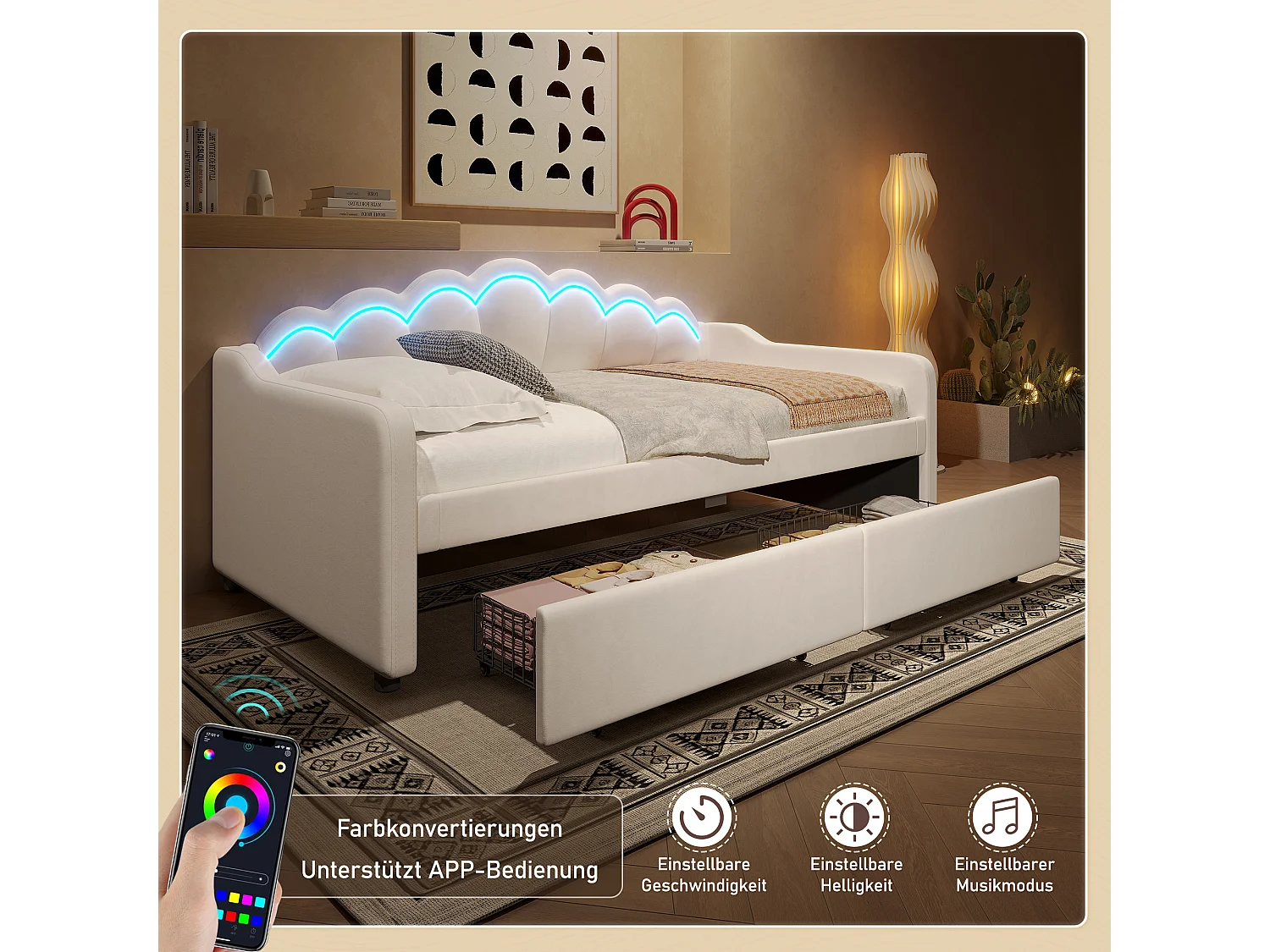 Lit avec tiroirs de rangement, canapé-lit, 90x200cm, en velours, avec bande LED changeant de couleur, beige (214x98x87 cm)