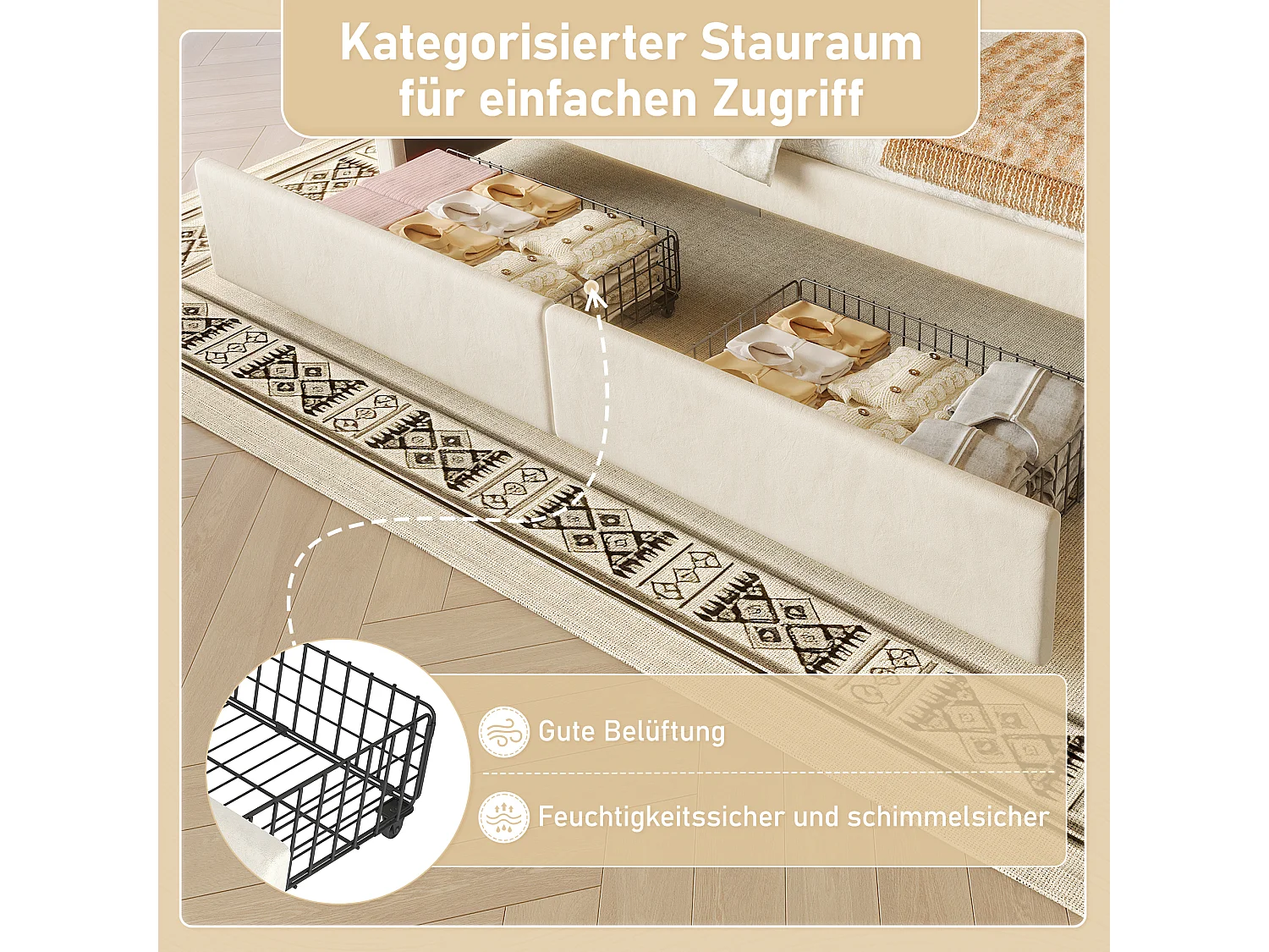 Lit avec tiroirs de rangement, canapé-lit, 90x200cm, en velours, avec bande LED changeant de couleur, beige (214x98x87 cm)