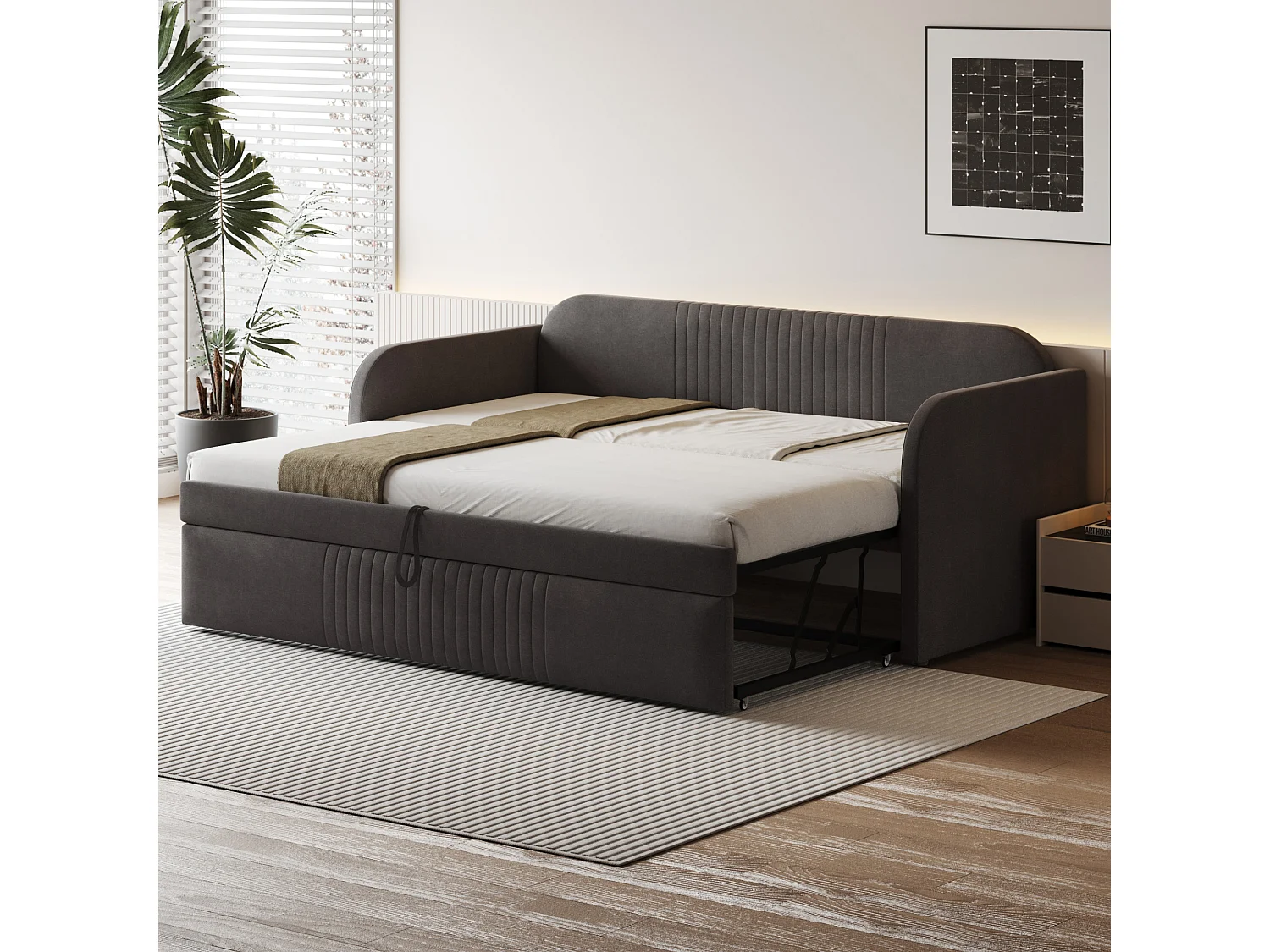 Canapé-lit extensible 90/180x190 cm, avec rayures verticales, avec sommier à lattes, lit multifonction en lin respirant, gris (200.5x99x82 cm)