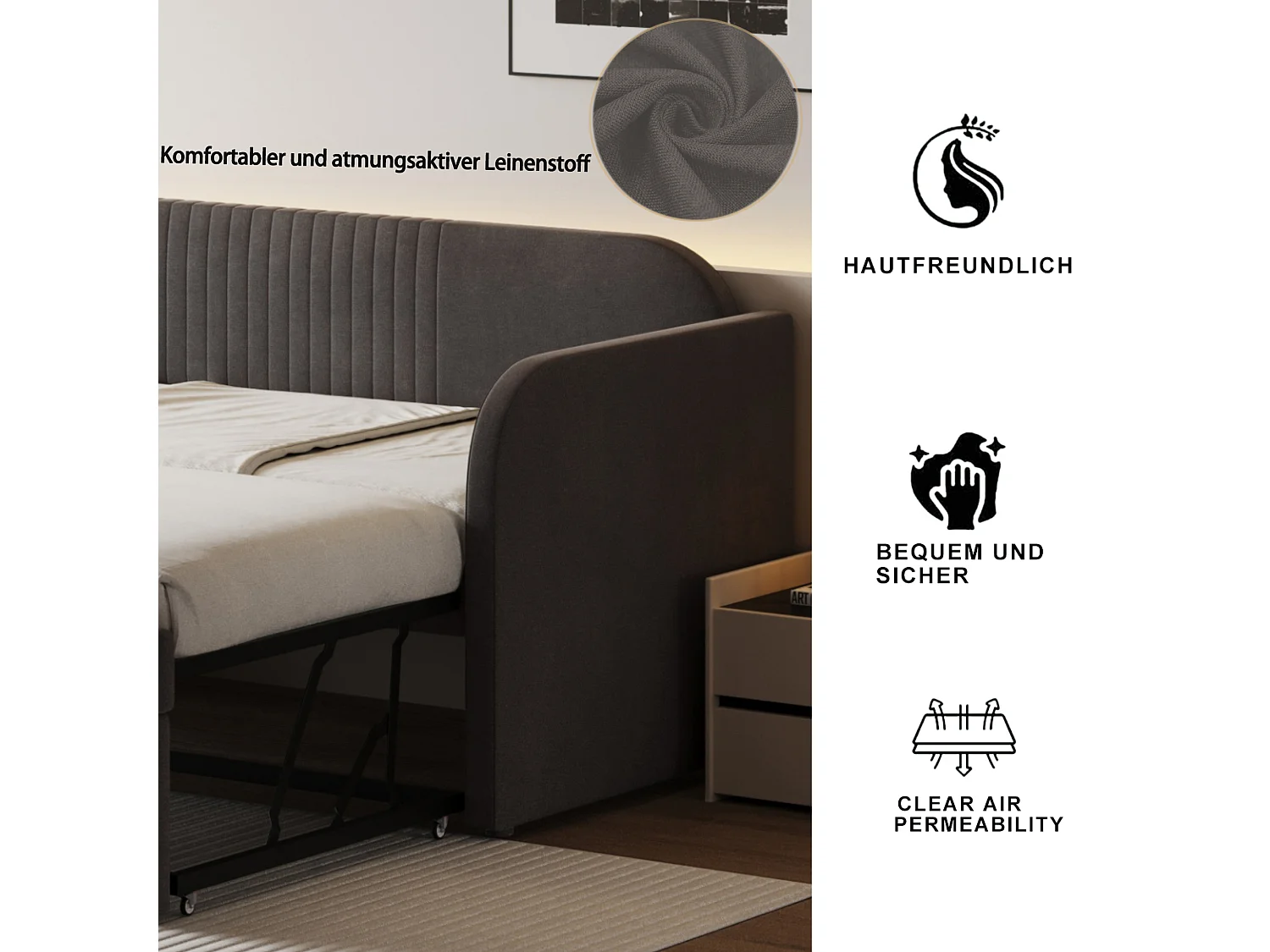 Canapé-lit extensible 90/180x190 cm, avec rayures verticales, avec sommier à lattes, lit multifonction en lin respirant, gris (200.5x99x82 cm)