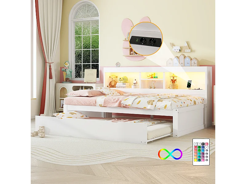 Canapé-lit, daybed, 90 x 200 cm, avec éclairage LED, compartiment de rangement, lit escamotable, prise + USB, sans matelas, Blanc (204.5x114.5x90 cm)