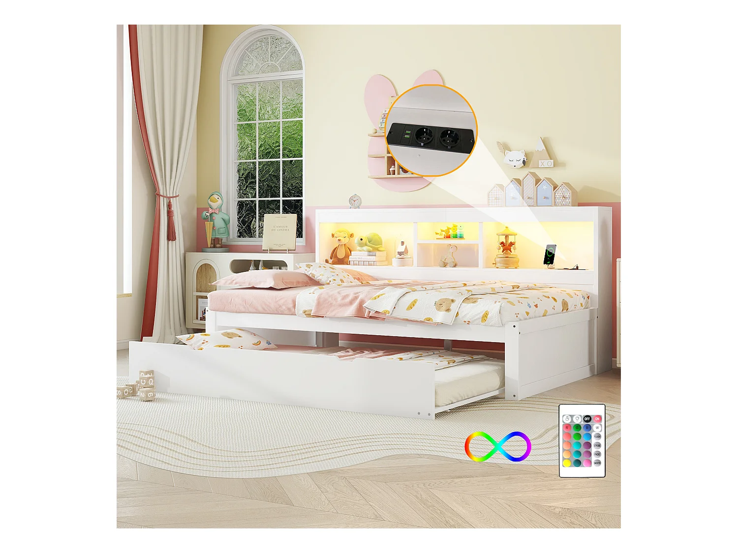 Canapé-lit, daybed, 90 x 200 cm, avec éclairage LED, compartiment de rangement, lit escamotable, prise + USB, sans matelas, Blanc (204.5x114.5x90 cm)