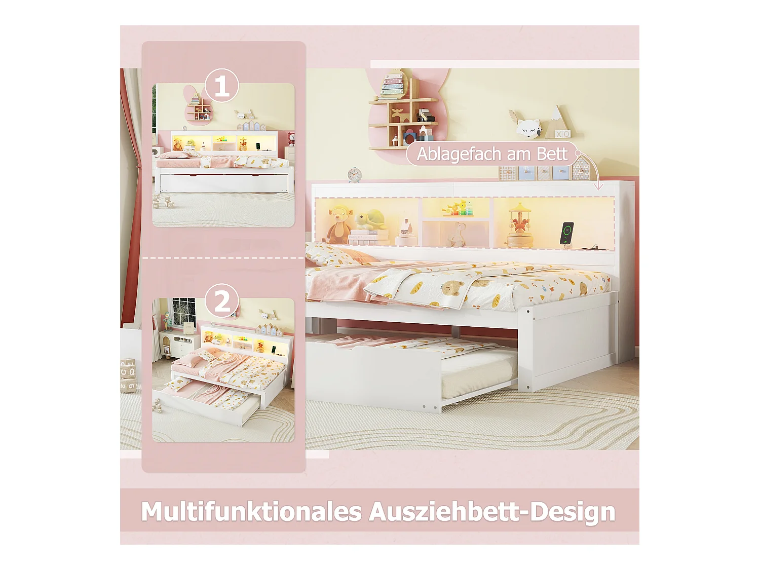 Canapé-lit, daybed, 90 x 200 cm, avec éclairage LED, compartiment de rangement, lit escamotable, prise + USB, sans matelas, Blanc (204.5x114.5x90 cm)