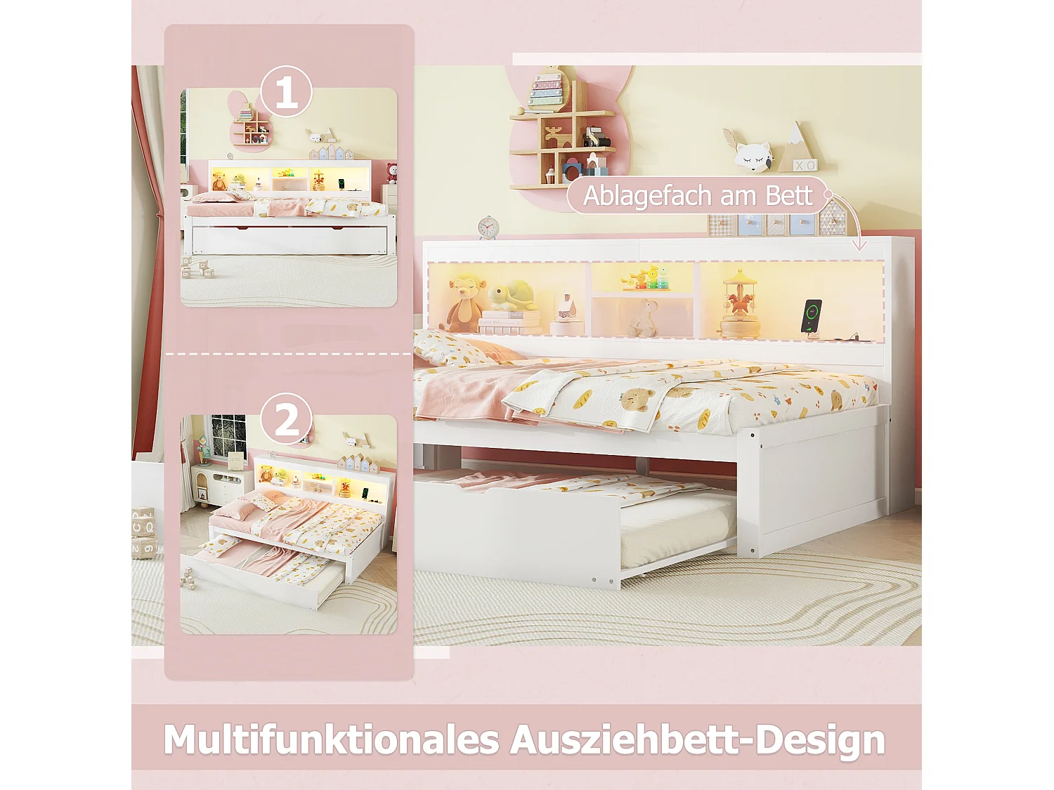 Canapé-lit, daybed, 90 x 200 cm, avec éclairage LED, compartiment de rangement, lit escamotable, prise + USB, sans matelas, Blanc (204.5x114.5x90 cm)