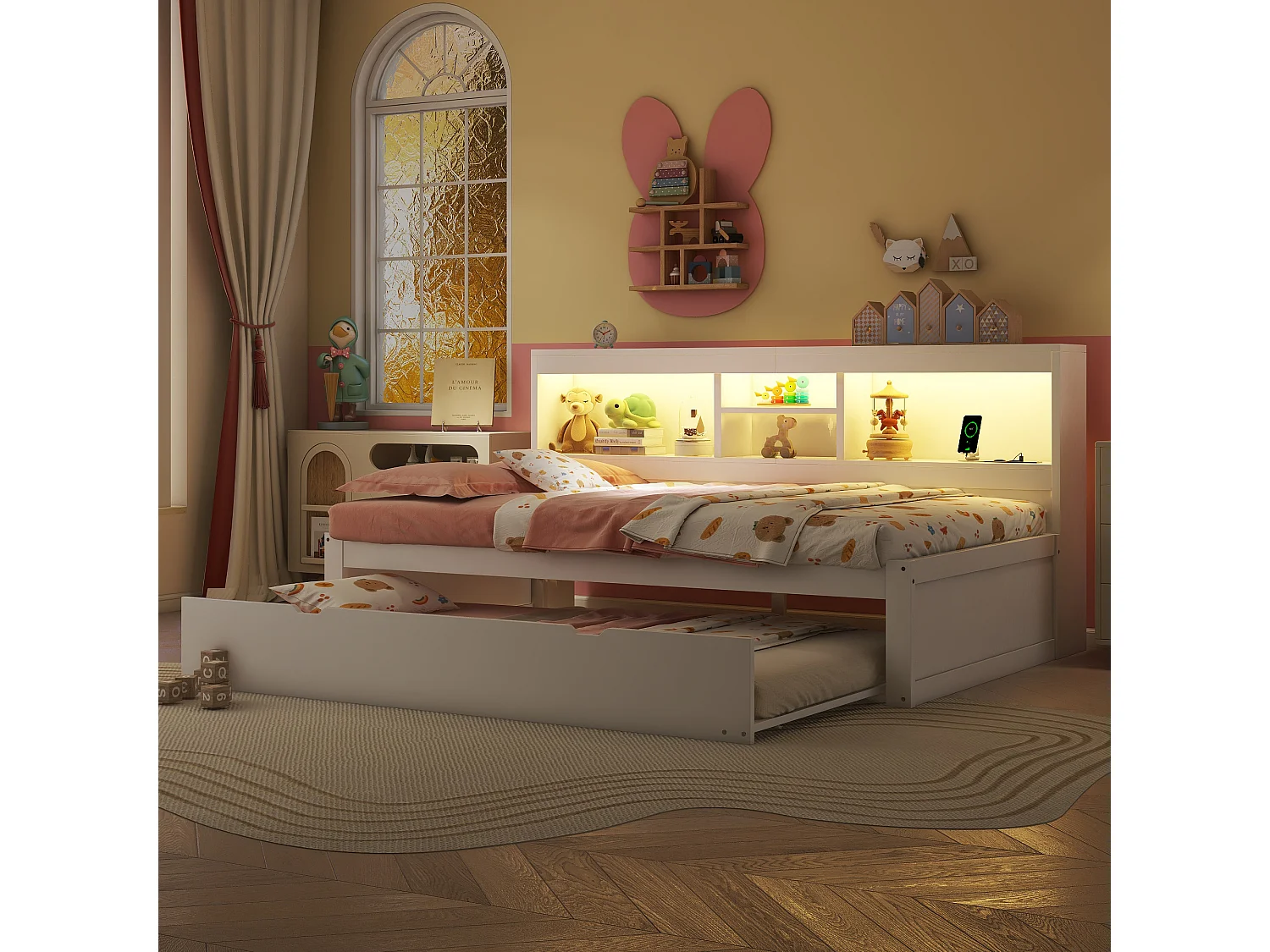 Canapé-lit, daybed, 90 x 200 cm, avec éclairage LED, compartiment de rangement, lit escamotable, prise + USB, sans matelas, Blanc (204.5x114.5x90 cm)