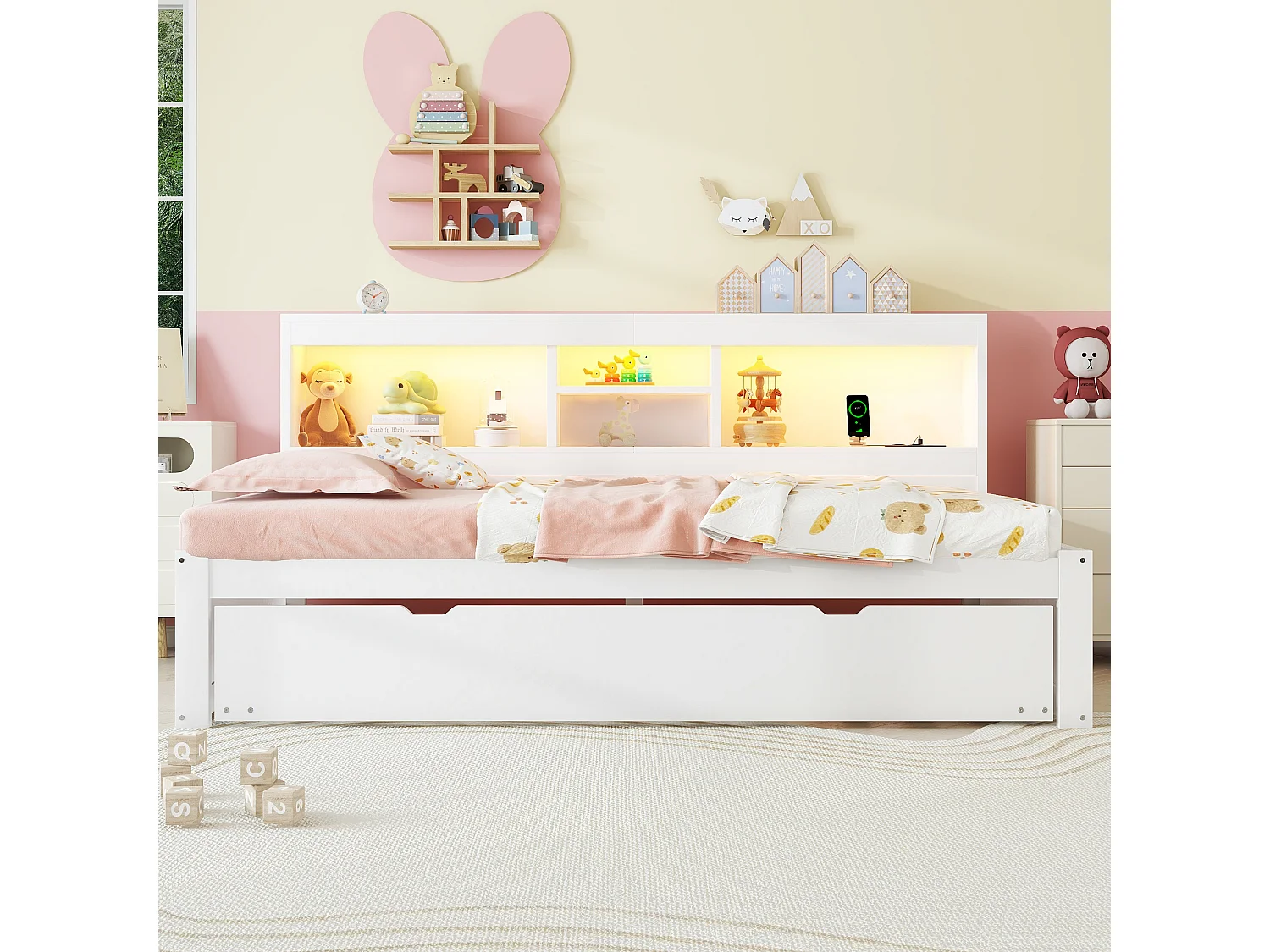 Canapé-lit, daybed, 90 x 200 cm, avec éclairage LED, compartiment de rangement, lit escamotable, prise + USB, sans matelas, Blanc (204.5x114.5x90 cm)