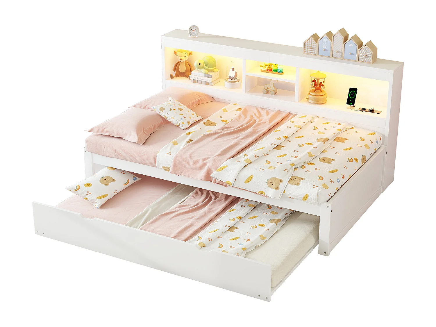 Canapé-lit, daybed, 90 x 200 cm, avec éclairage LED, compartiment de rangement, lit escamotable, prise + USB, sans matelas, Blanc (204.5x114.5x90 cm)