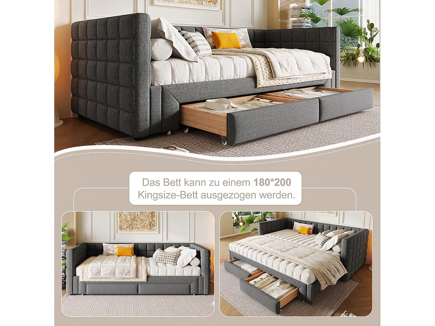 Sofá cama de 90x200 cm, cabecero cuadrado, cama extensible (hasta 180 cm Queensize), 2 cajones, terciopelo, gris (219,5x183x74 cm)