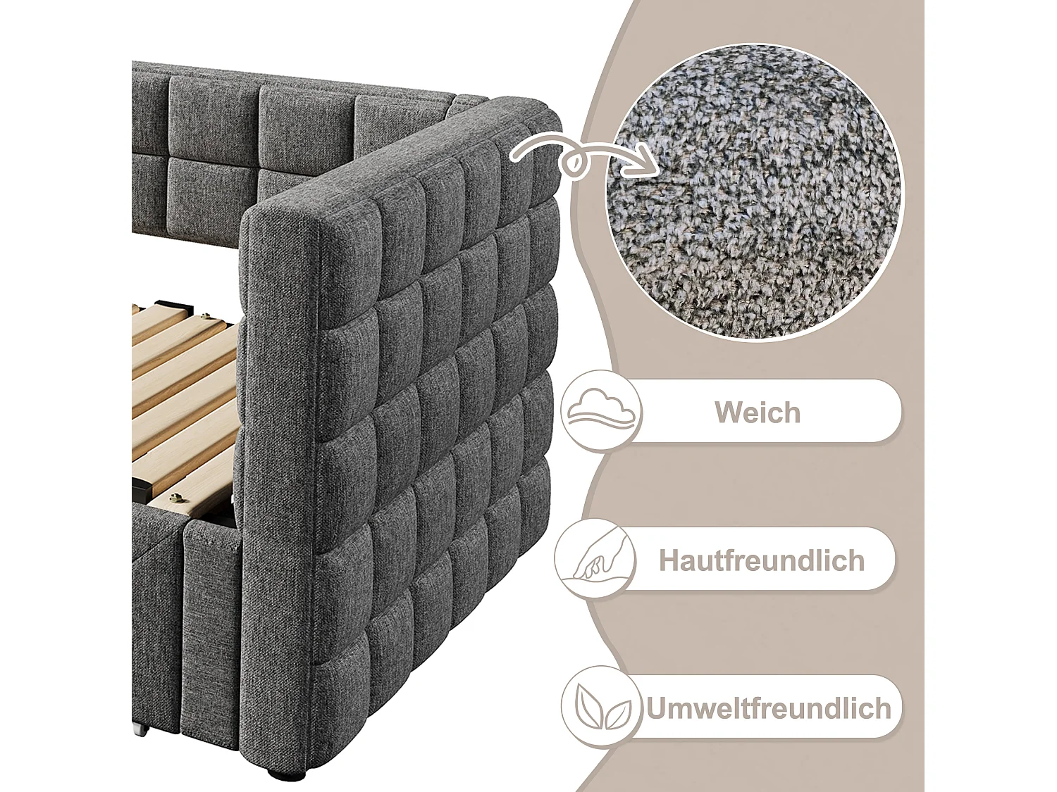 Sofá cama de 90x200 cm, cabecero cuadrado, cama extensible (hasta 180 cm Queensize), 2 cajones, terciopelo, gris (219,5x183x74 cm)