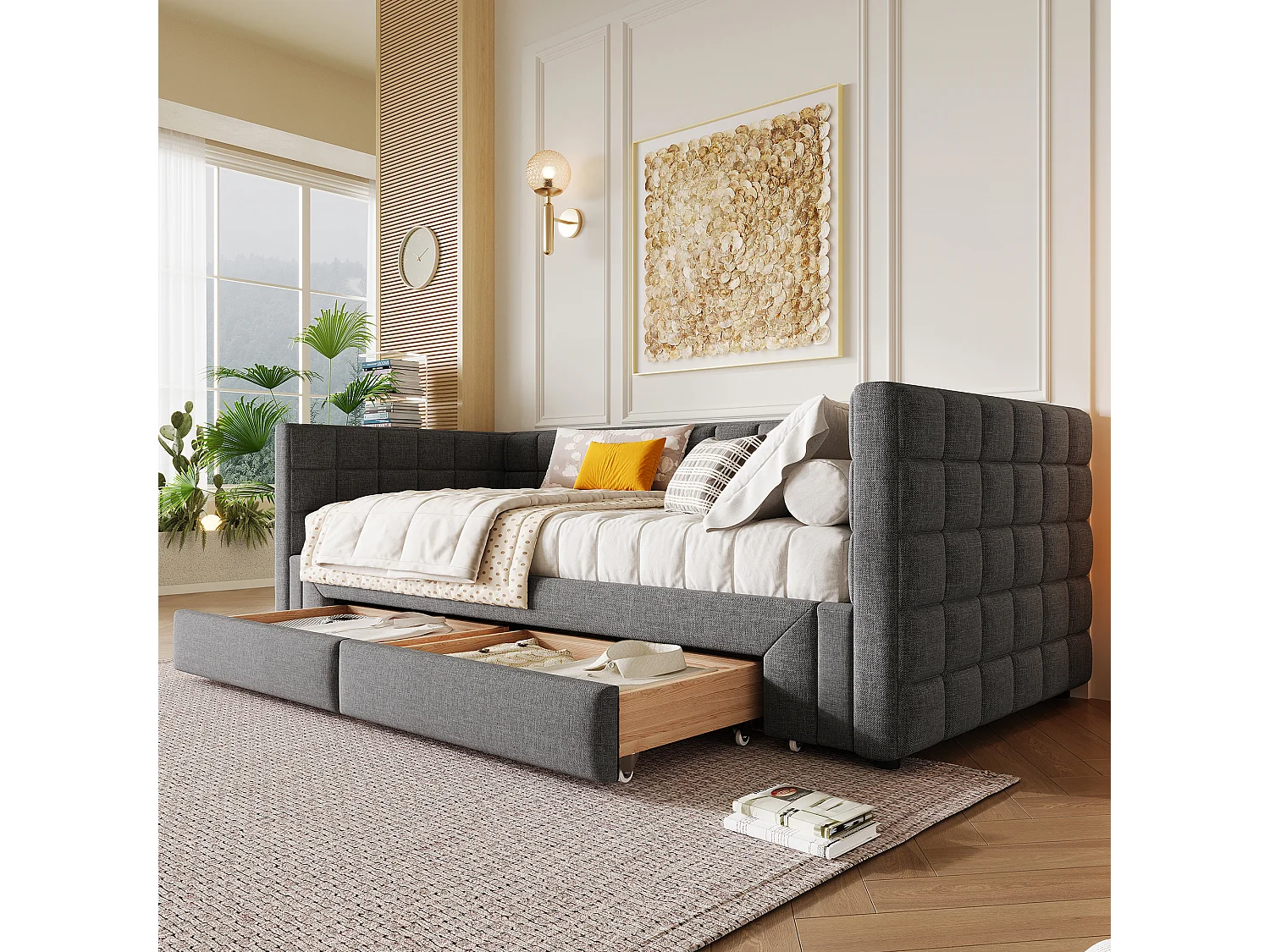 Sofá cama de 90x200 cm, cabecero cuadrado, cama extensible (hasta 180 cm Queensize), 2 cajones, terciopelo, gris (219,5x183x74 cm)