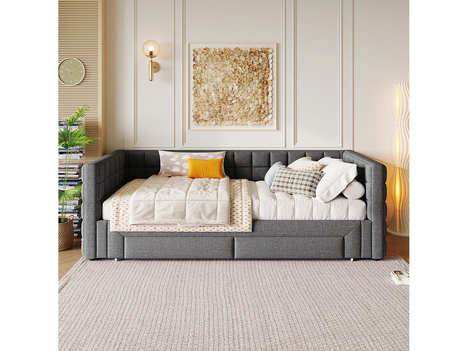 Sofá cama de 90x200 cm, cabecero cuadrado, cama extensible (hasta 180 cm Queensize), 2 cajones, terciopelo, gris (219,5x183x74 cm)