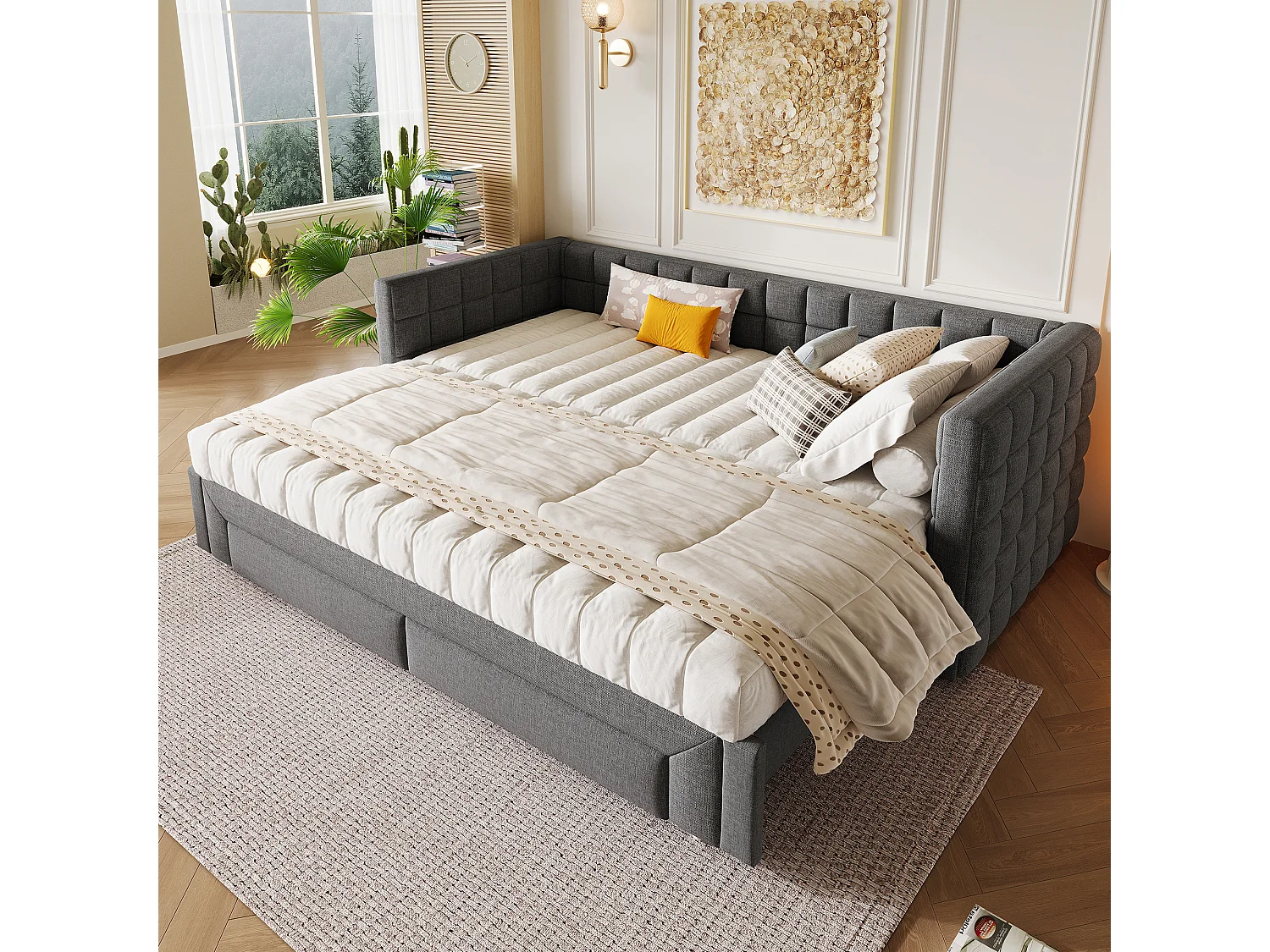 Sofá cama de 90x200 cm, cabecero cuadrado, cama extensible (hasta 180 cm Queensize), 2 cajones, terciopelo, gris (219,5x183x74 cm)