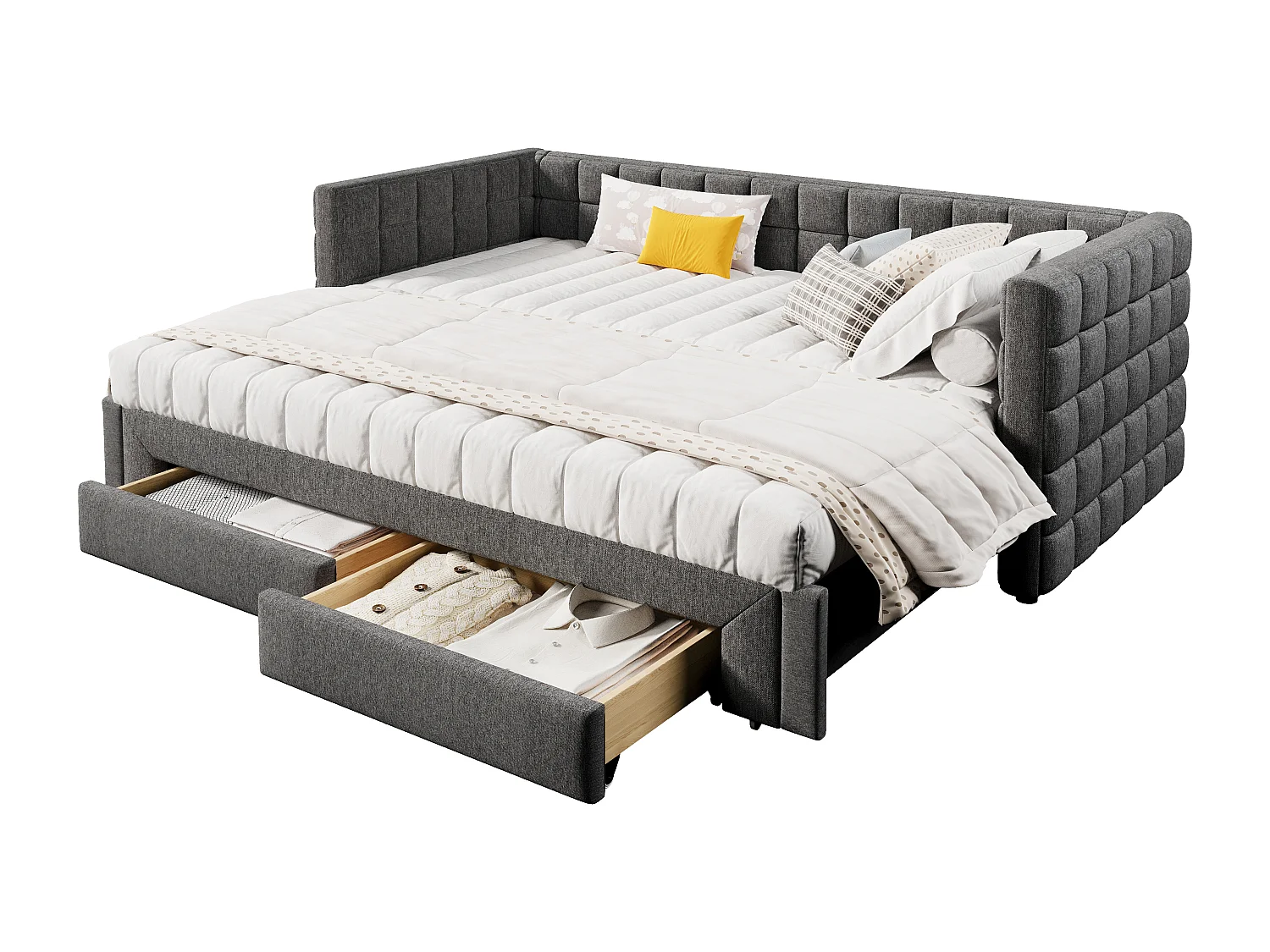 Sofá cama de 90x200 cm, cabecero cuadrado, cama extensible (hasta 180 cm Queensize), 2 cajones, terciopelo, gris (219,5x183x74 cm)