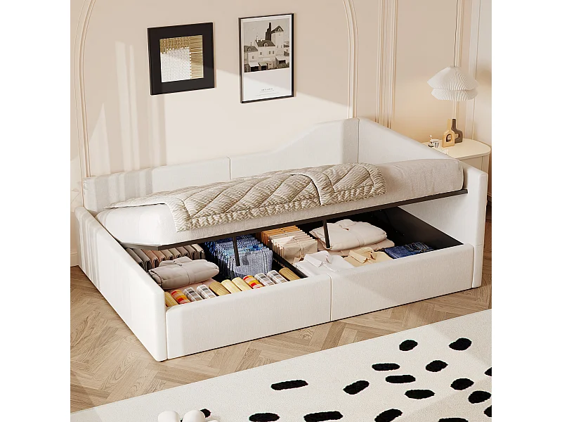 Lit de jour 140x200 avec rangement, tissu lin beige, cadre en MDF et contreplaqué (210.5x148.5x77 cm)