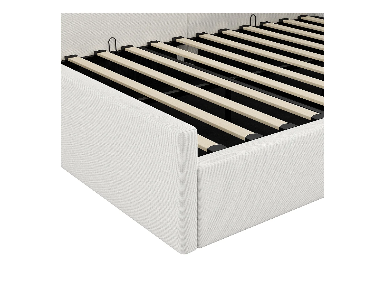 Lit de jour 140x200 avec rangement, tissu lin beige, cadre en MDF et contreplaqué (210.5x148.5x77 cm)