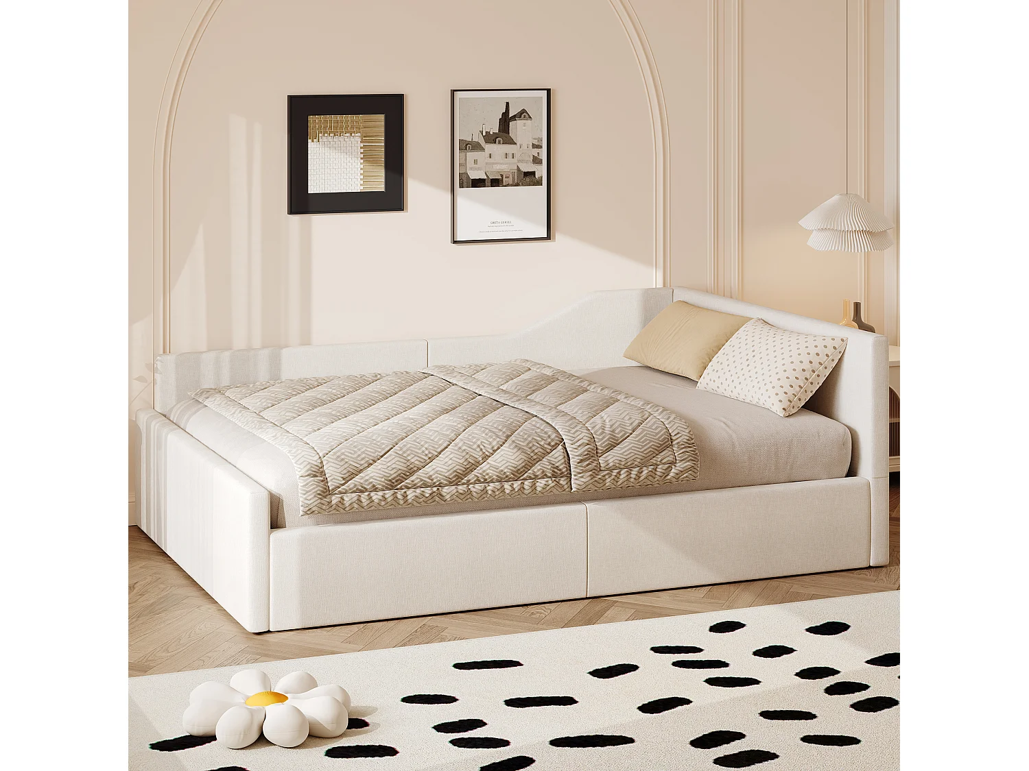 Cama de día 140x200 con almacenaje, tela de lino beige, estructura de MDF y contrachapado (210,5x148,5x77 cm)