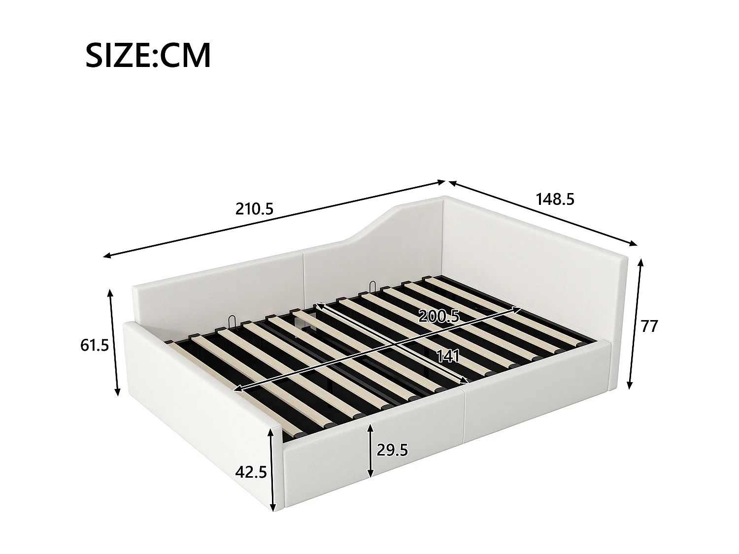 Cama de día 140x200 con almacenaje, tela de lino beige, estructura de MDF y contrachapado (210,5x148,5x77 cm)