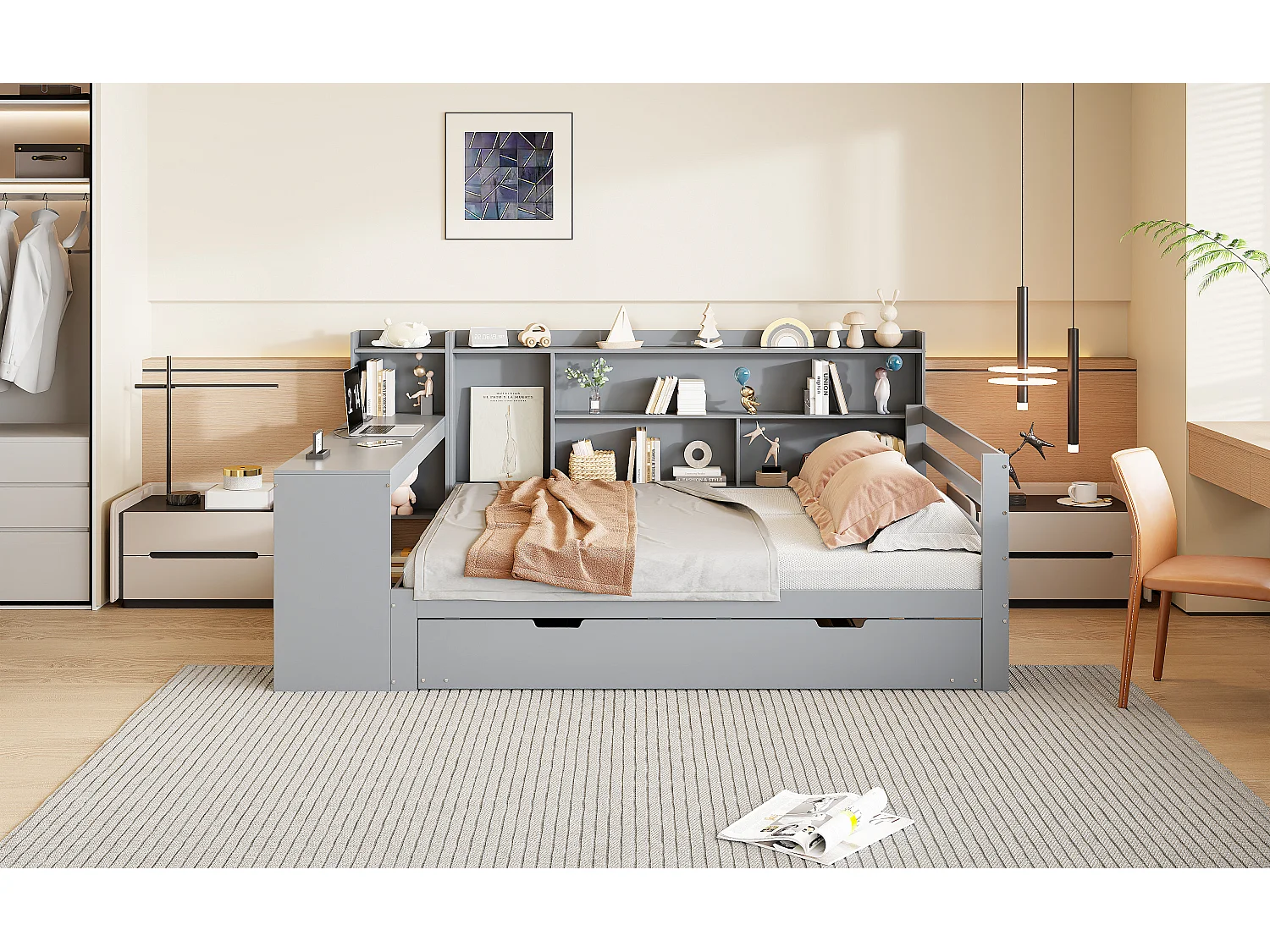 Canapé-lit en bois massif avec bureau et étagères, avec prise USB et lit escamotable, gris (245.5x165x100 cm)