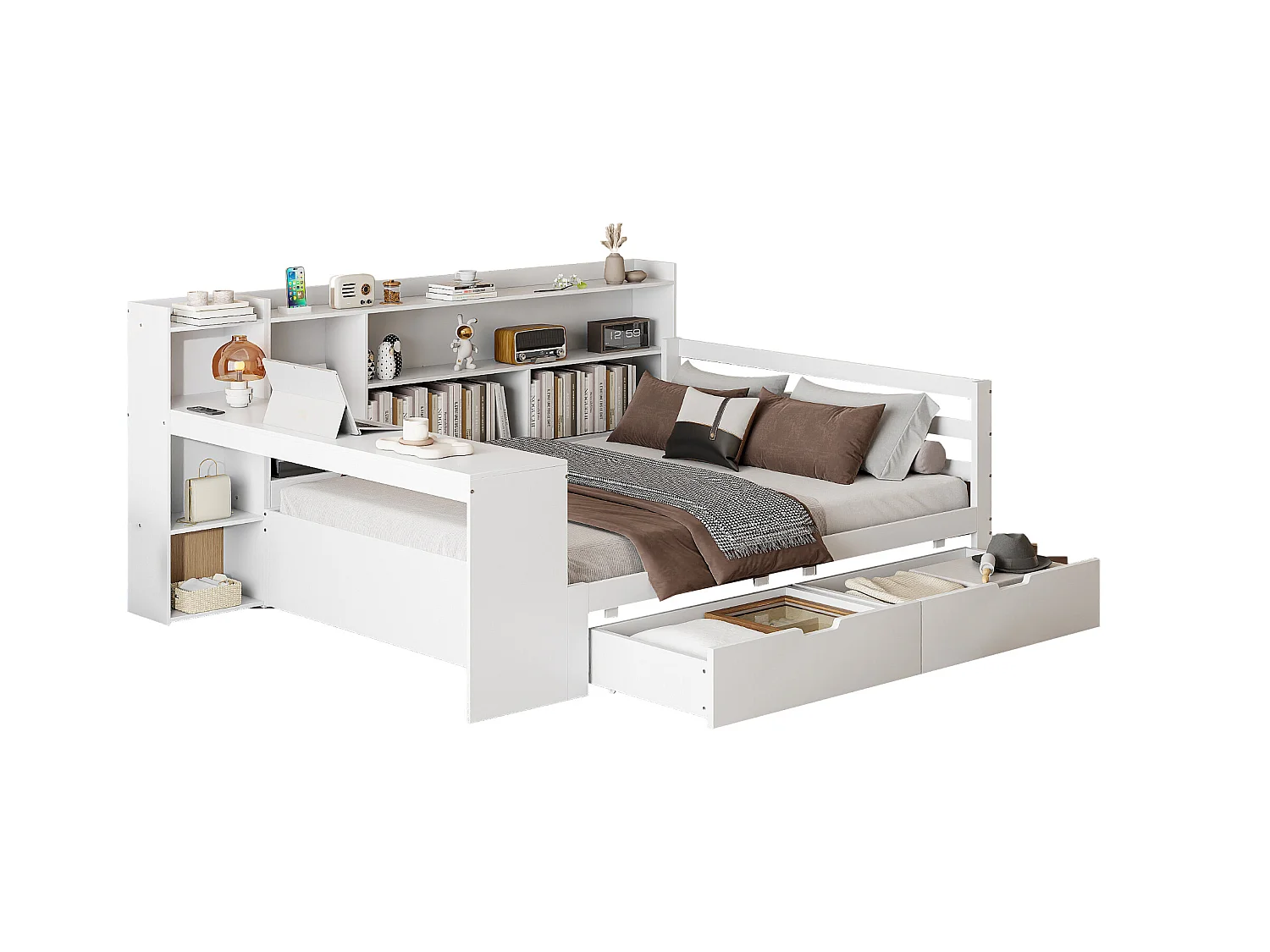 Canapé-lit en bois massif 90x200 cm, avec bureau, étagères, tiroirs et prise, multifonction, blanc (205x95x77.5 cm)