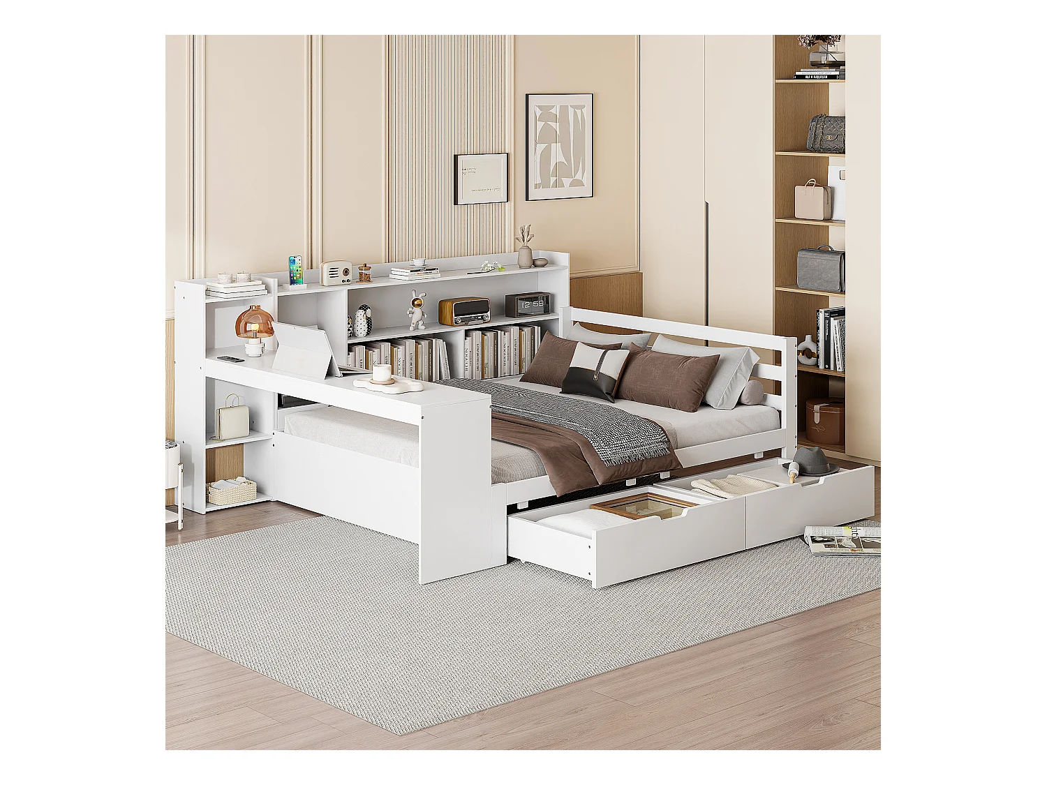 Canapé-lit en bois massif 90x200 cm, avec bureau, étagères, tiroirs et prise, multifonction, blanc (205x95x77.5 cm)