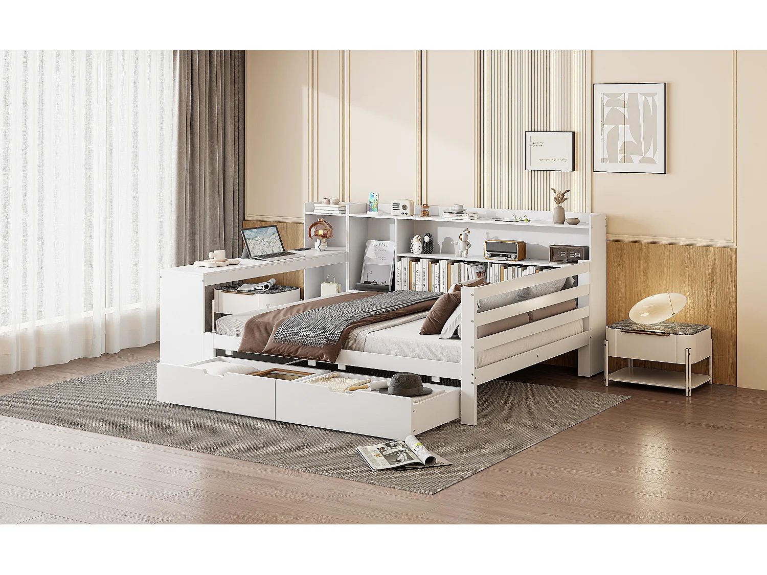 Canapé-lit en bois massif 90x200 cm, avec bureau, étagères, tiroirs et prise, multifonction, blanc (205x95x77.5 cm)
