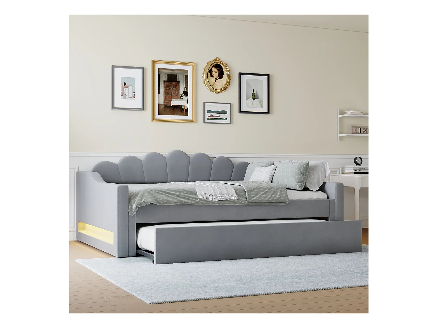 Daybed 140x200 cm con cinturón LED y cama abatible, en tela gris, MDF y contrachapado (212x148,5x84 cm)