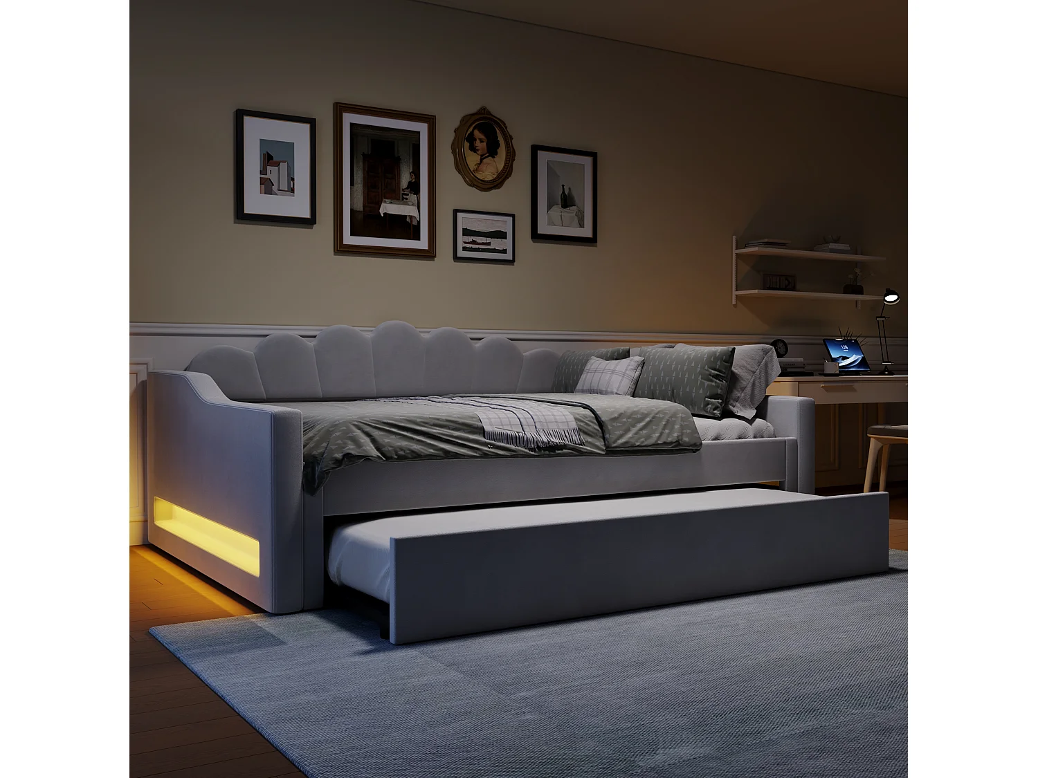 Lit de jour 140 x 200 cm avec ceinture LED et lit escamotable, en tissu gris, MDF et contreplaqué (212x148.5x84 cm)