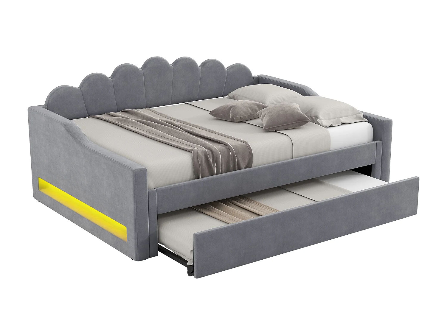 Lit de jour 140 x 200 cm avec ceinture LED et lit escamotable, en tissu gris, MDF et contreplaqué (212x148.5x84 cm)