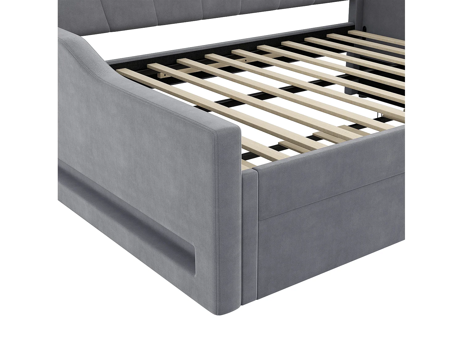 Lit de jour 140 x 200 cm avec ceinture LED et lit escamotable, en tissu gris, MDF et contreplaqué (212x148.5x84 cm)