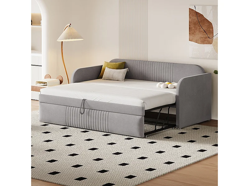 Sofá cama extensible 90/180x190 cm, rayas verticales, somier de láminas, tejido de lino transpirable, gris claro (200,5x99x82 cm)