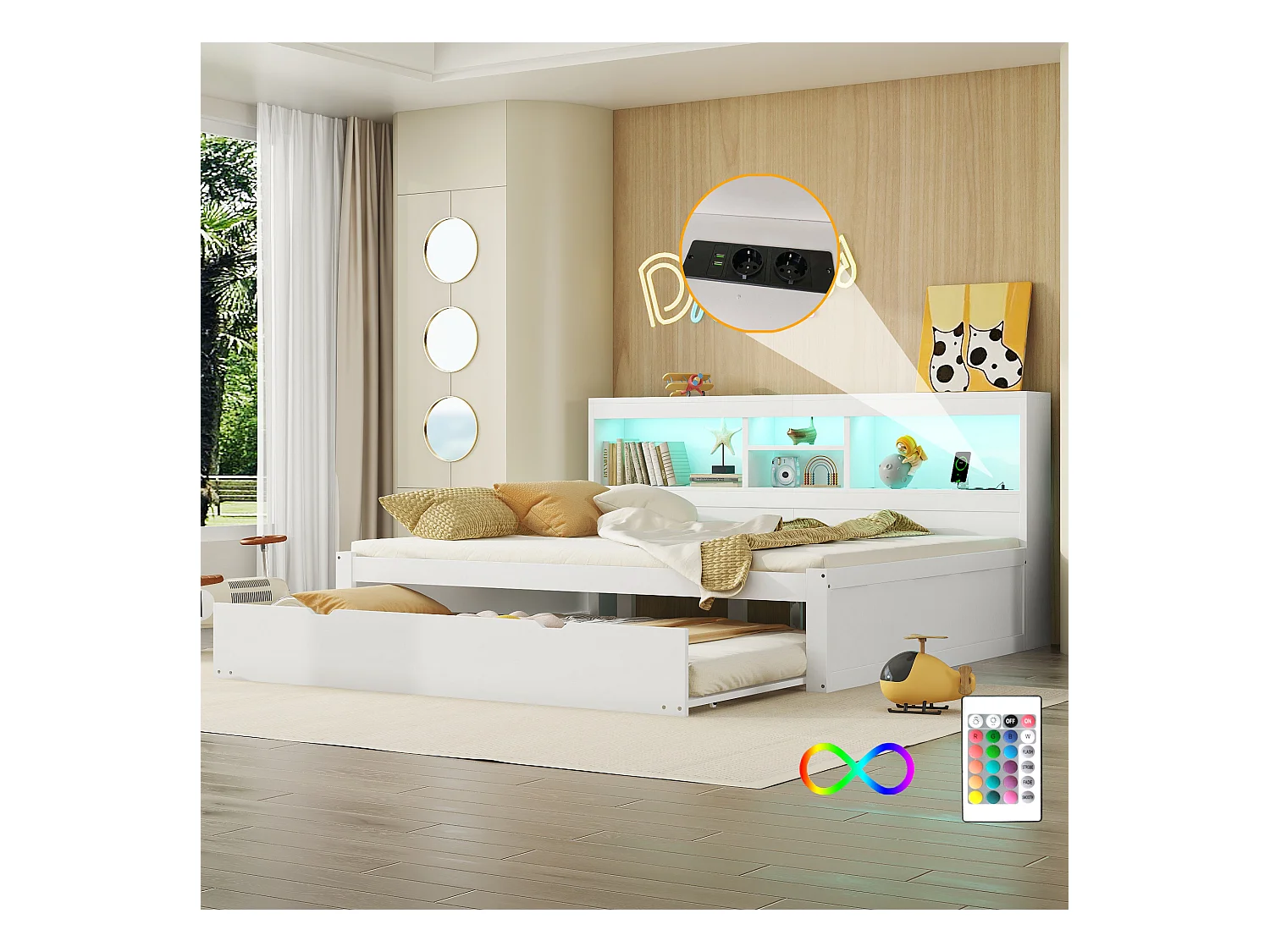 Canapé-lit, Daybed, 140x200 cm, avec éclairage LED, rangement latéral, lit escamotable, prise et USB, Blanc (204.5x164.5x90 cm)