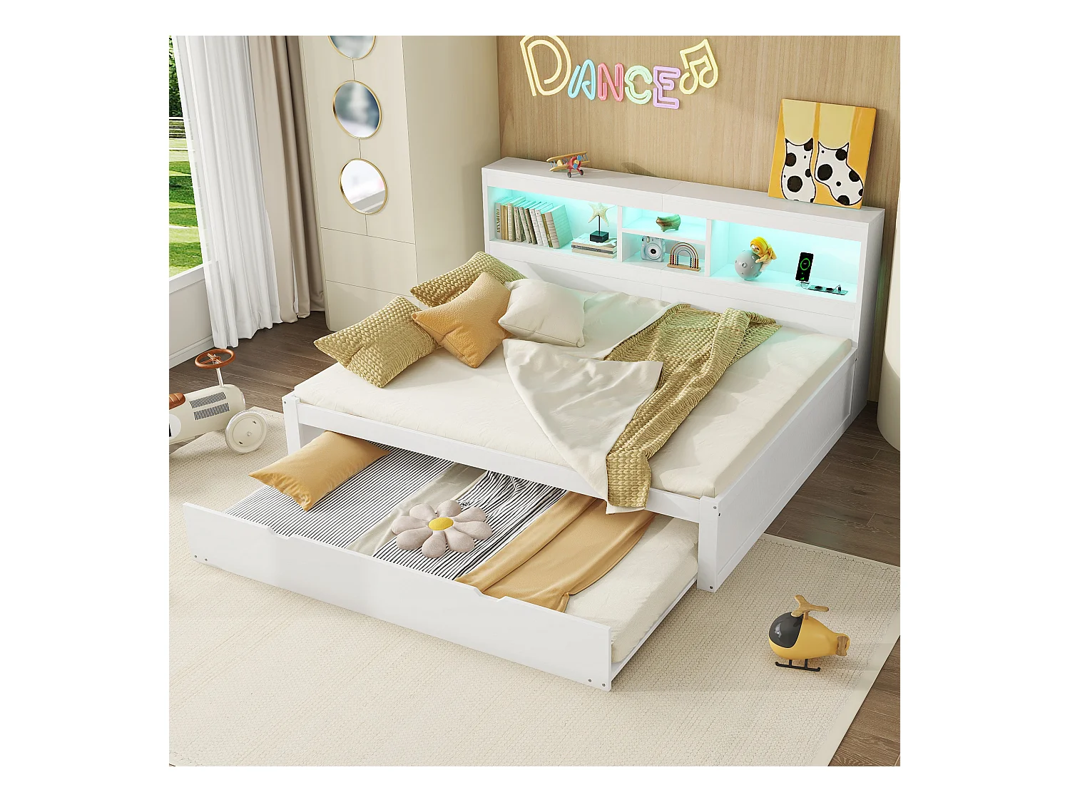 Canapé-lit, Daybed, 140x200 cm, avec éclairage LED, rangement latéral, lit escamotable, prise et USB, Blanc (204.5x164.5x90 cm)