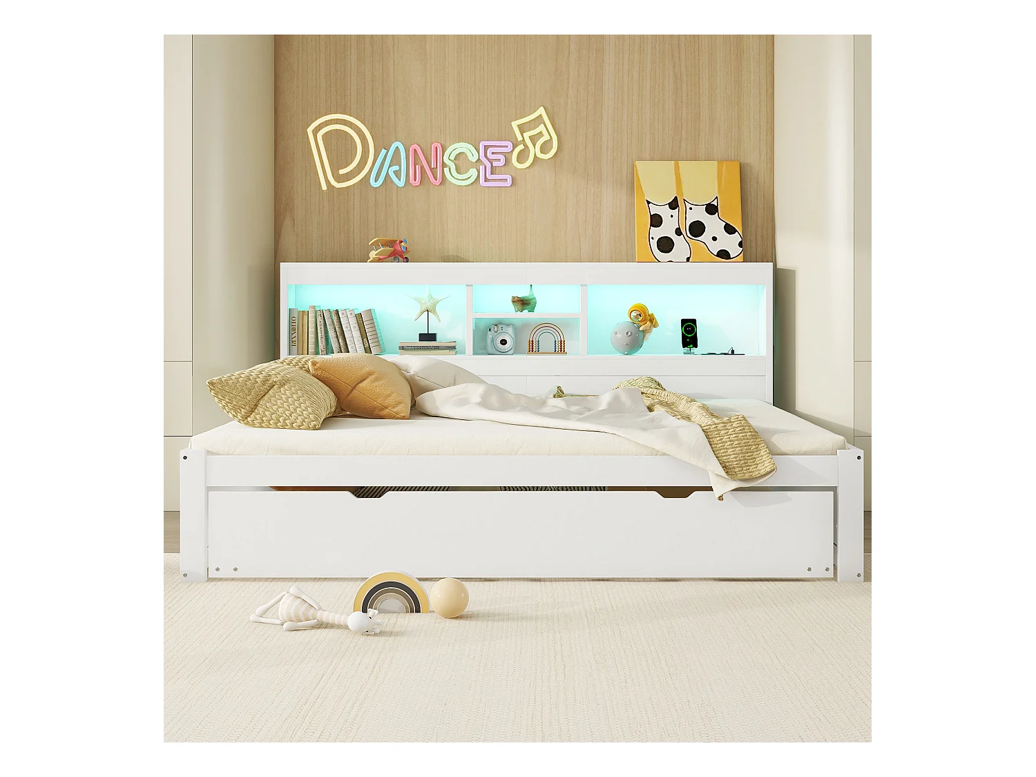 Canapé-lit, Daybed, 140x200 cm, avec éclairage LED, rangement latéral, lit escamotable, prise et USB, Blanc (204.5x164.5x90 cm)