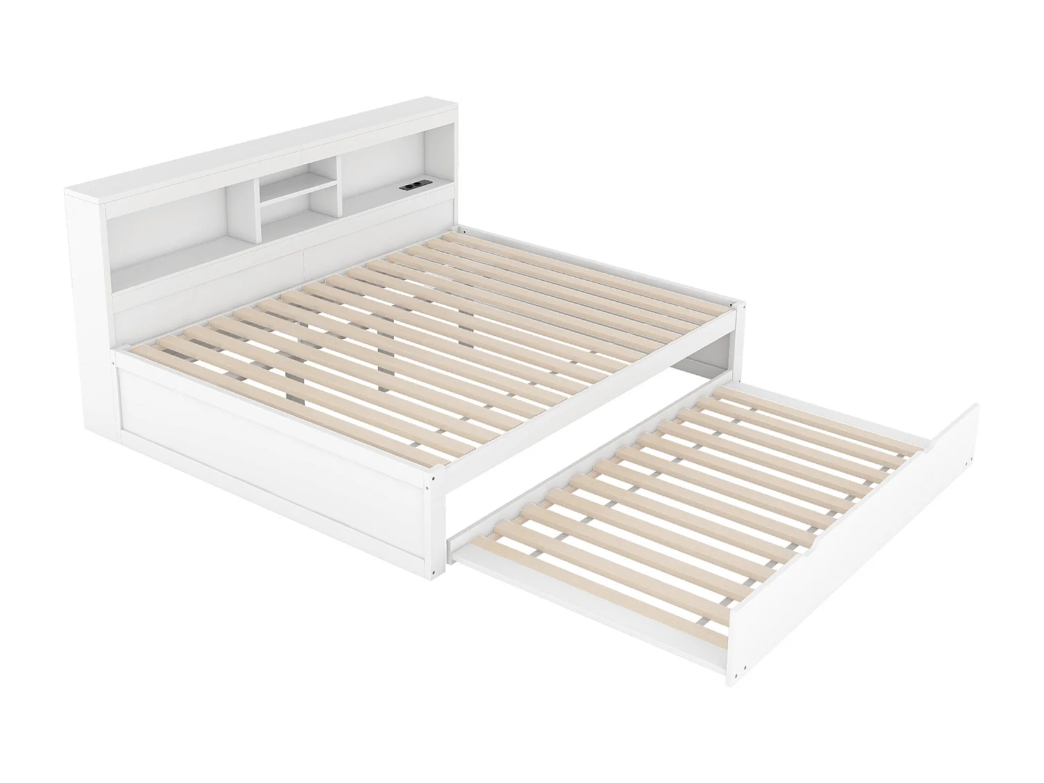 Canapé-lit, Daybed, 140x200 cm, avec éclairage LED, rangement latéral, lit escamotable, prise et USB, Blanc (204.5x164.5x90 cm)
